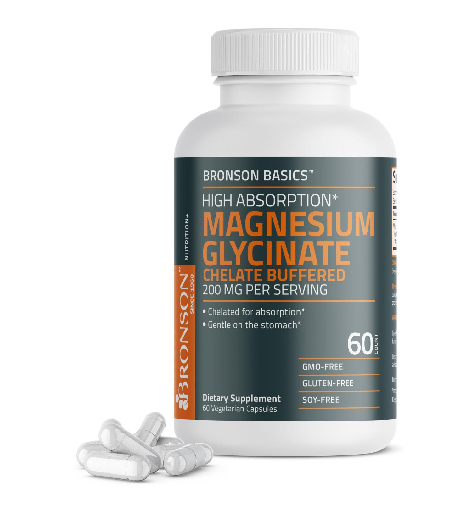 Bronson Magnesium Glycinate 200mg High Absorption Chelated Buffered Gentle On The Stomach Non-GMO, 60 Vegetarian Capsules 60 Count (Pack of 1) - Buy Online on GoSupps.com