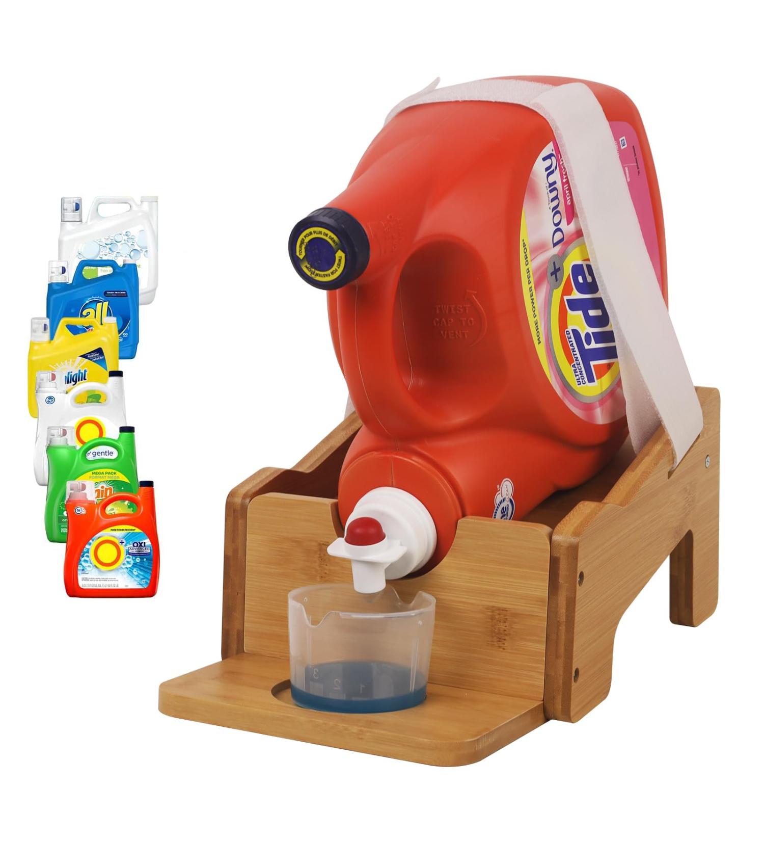 Bamboo Laundry Detergent Holder with Cup Tray - Angled Organizer with Strap for Laundry Room by HTB | Eco-Friendly Storage Solution - Buy Online on GoSupps.com