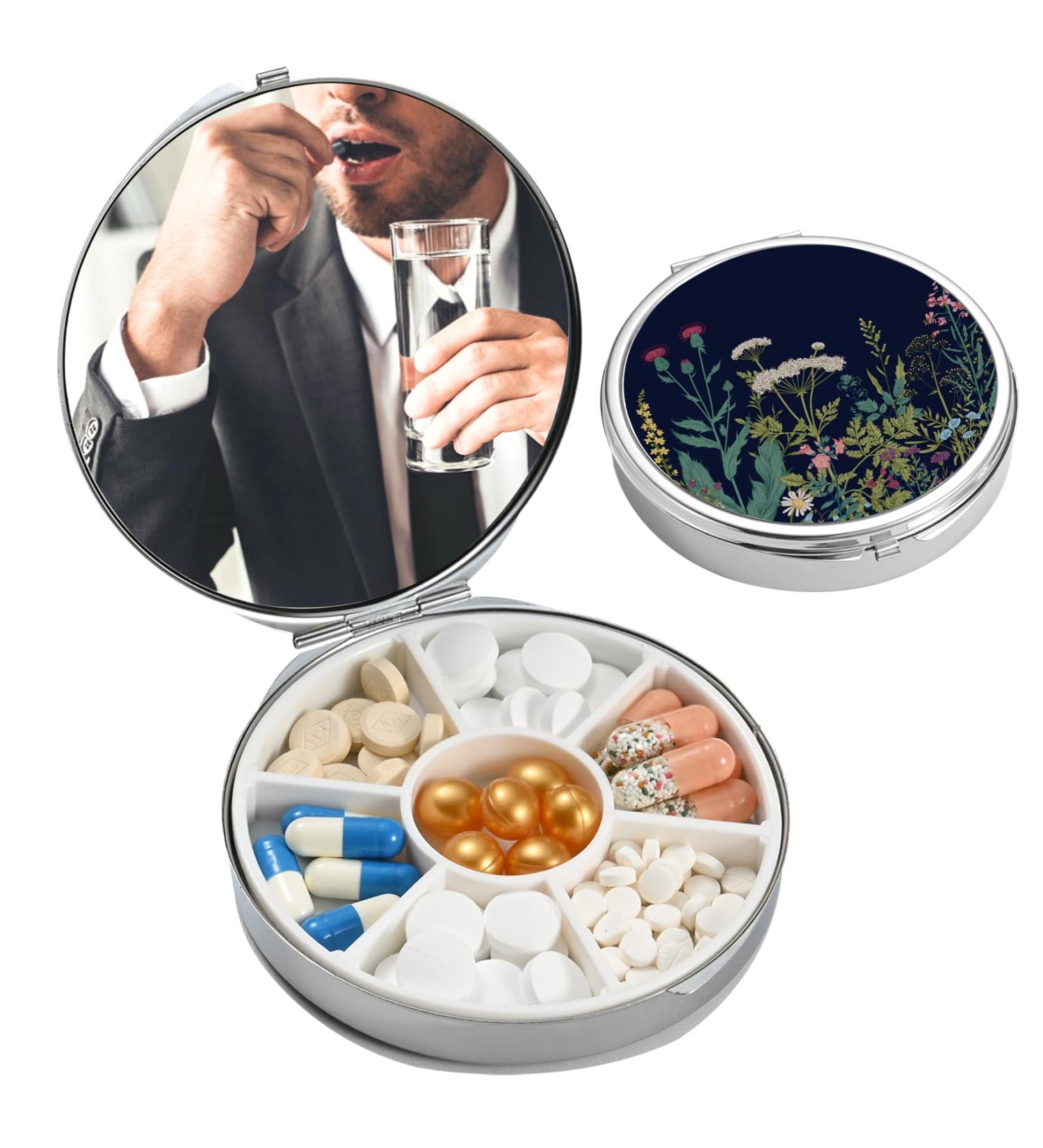 Portable Pill Box Organizer - 7 Compartment Travel Medication Case | Black Flowers Design - Buy Online on GoSupps.com