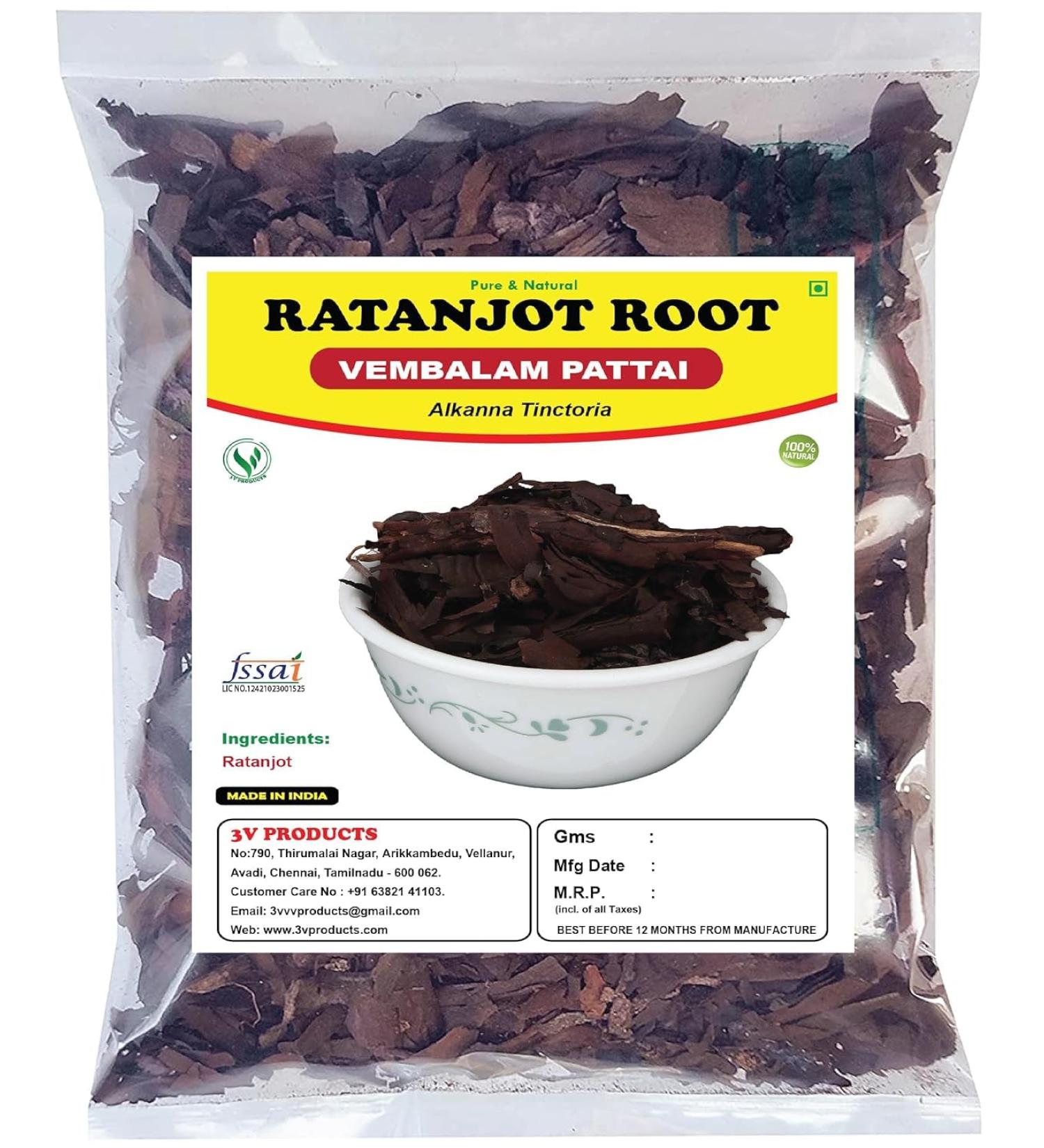 YANG Ratanjot | Vembalam Pattai | Laljadi | Alkanna Tinctoria | Alkanet root for hair skin and cooking (100 g)