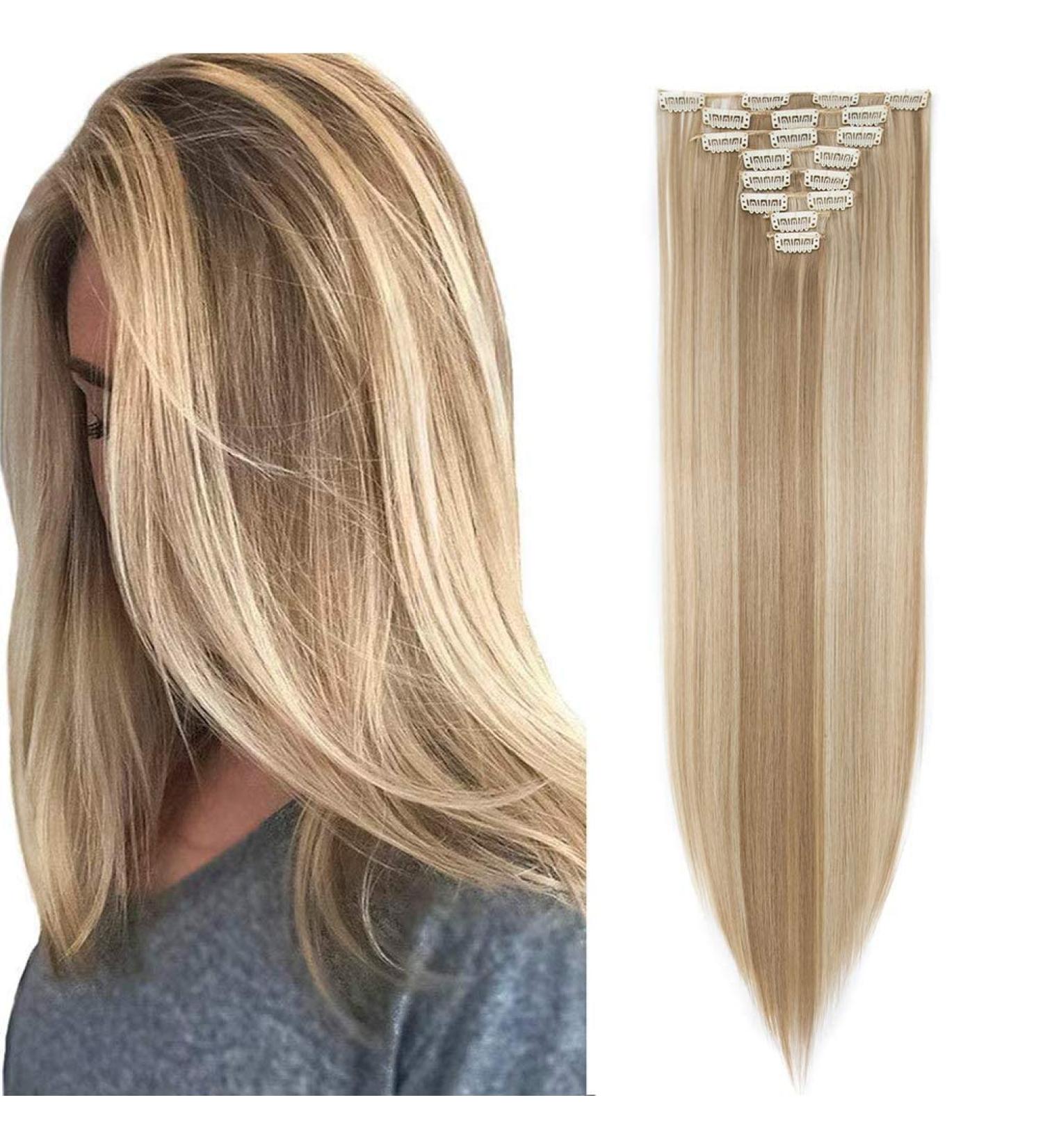 26 Long Straight Ombre Colorful Synthetic Clip in Hair Extensions - Sandy Blonde/Bleach Blonde - 8Pcs 18Clips - 26 Inch - Buy Online on GoSupps.com