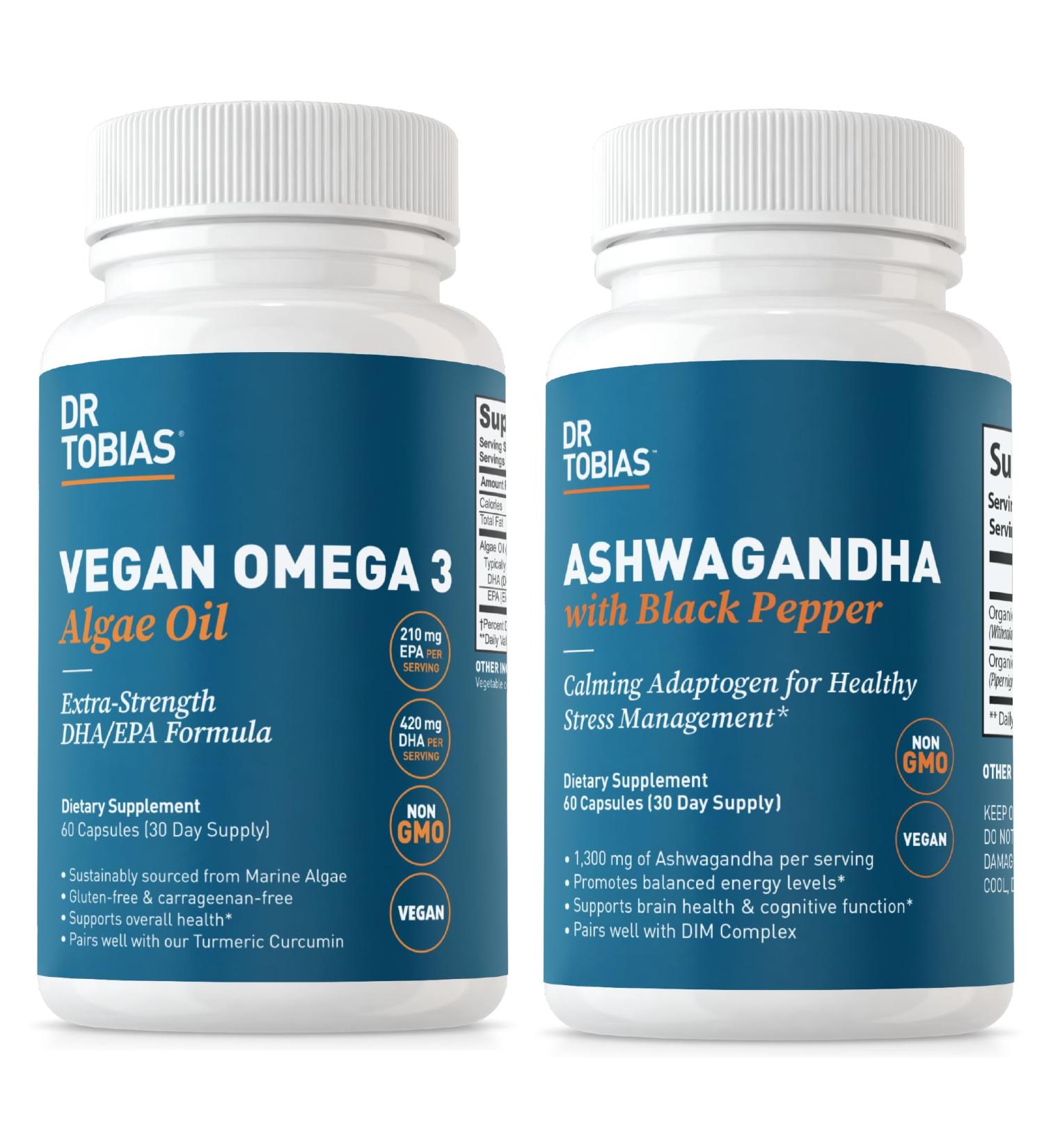 Dr. Tobias Vegan Omega 3 Algae Oil and Ashwagandha Capsules Supports Resilience Immune Health and Overall Wellness Non-GMO Vegan - Buy Online on GoSupps.com