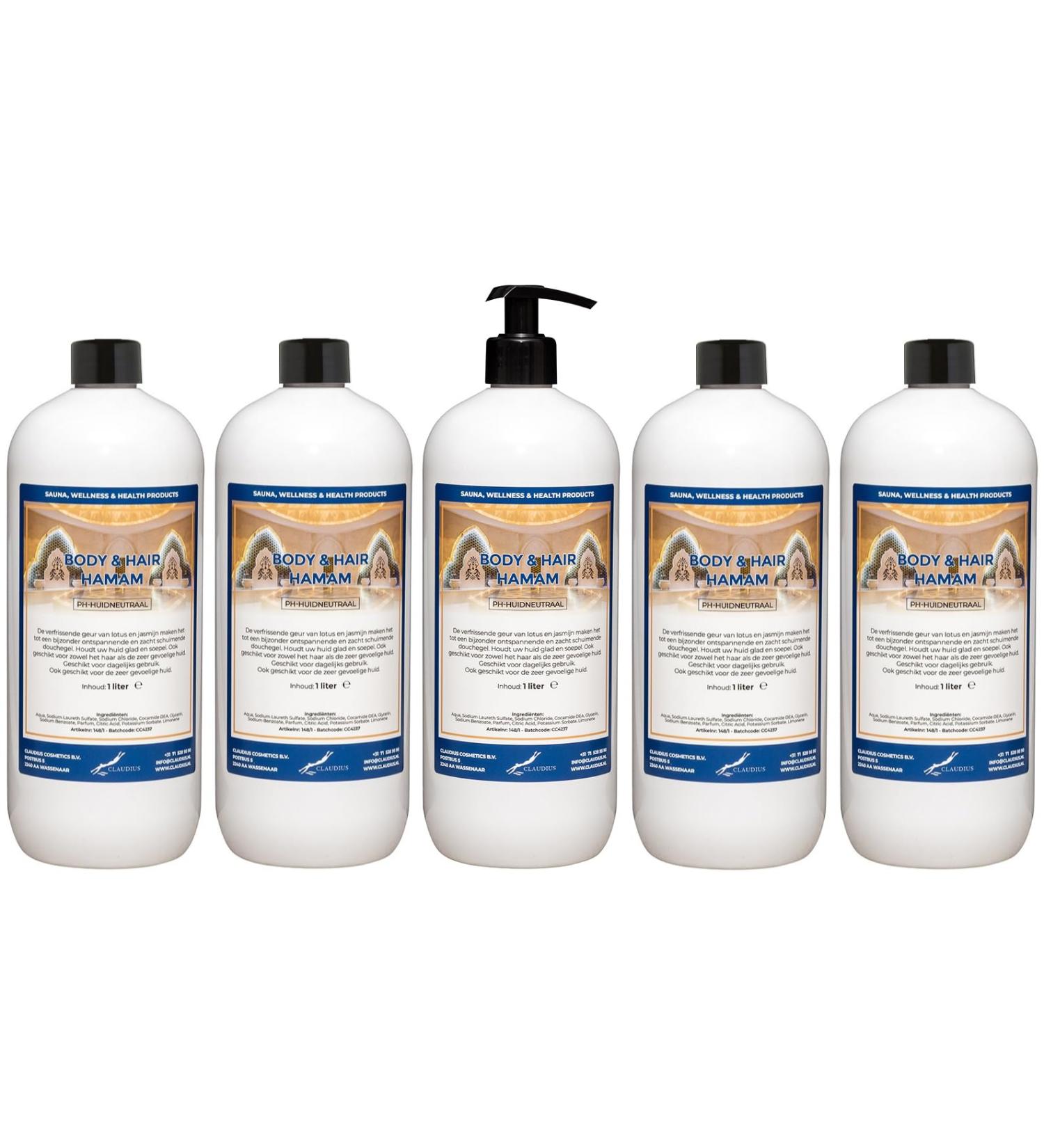 Claudius Body & Hair Hammam 1 liter with black pump - Pack of 5 - 2 in 1 for body and hair - Economy pack