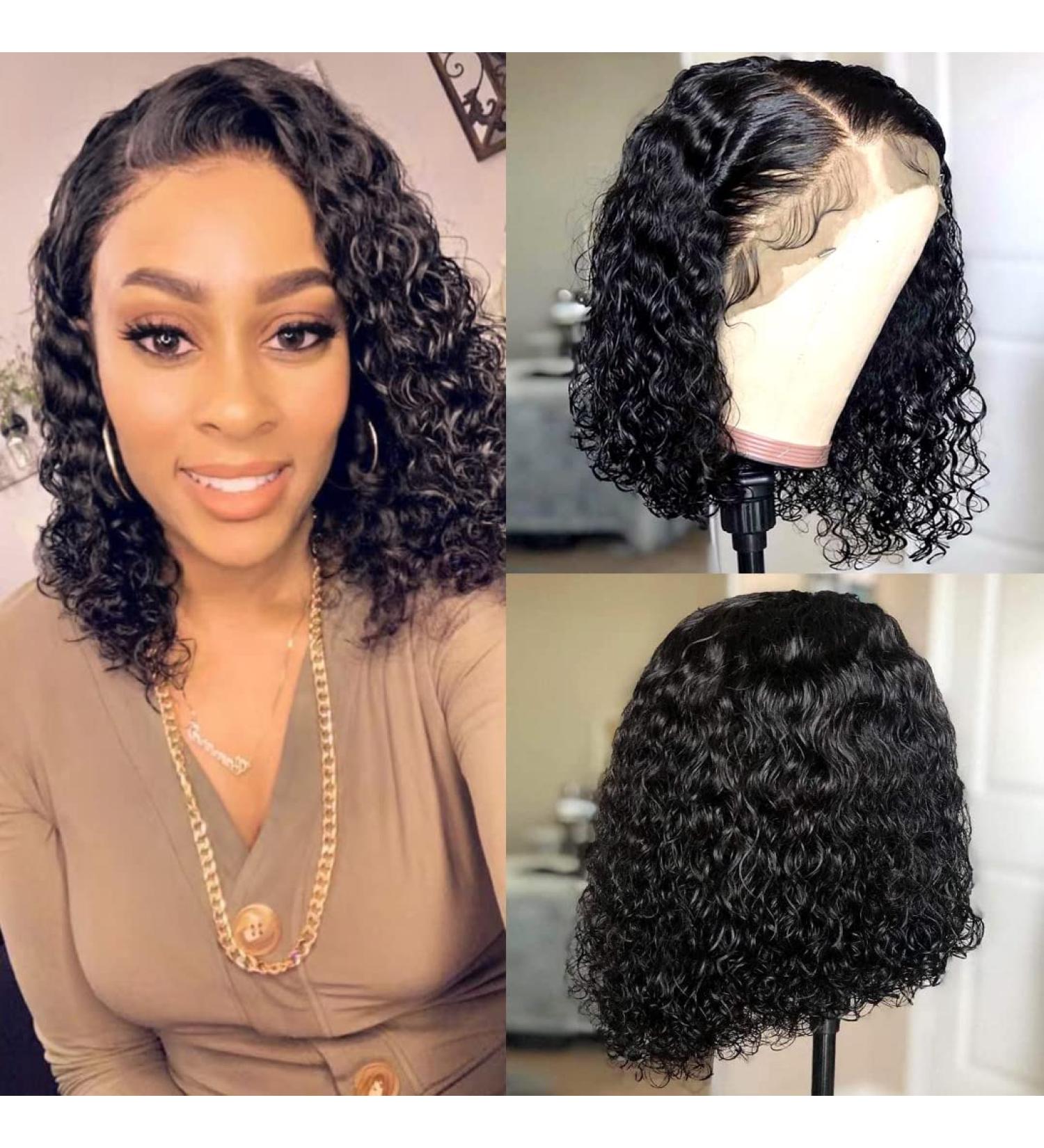 12 Inch Short Curly Lace Front Wig - Virgin Human Hair, Natural Color, 150% Density - Water Wave Bob Wig for Women - Buy Online on GoSupps.com