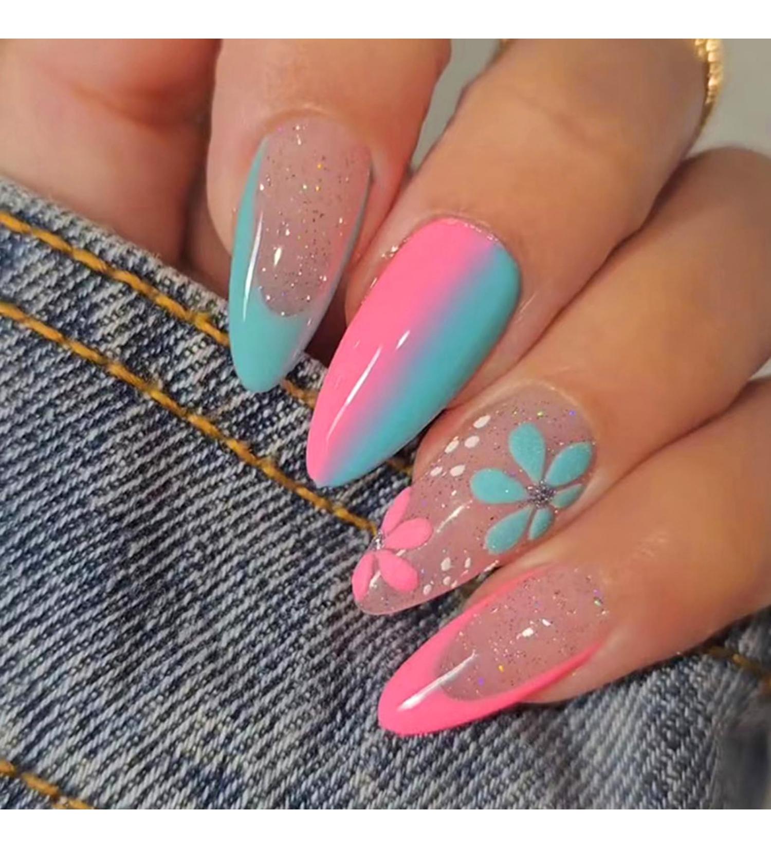 24Pcs Short Almond Flower Press on Nails - Glossy Blue Pink False Nails - Elegant Stiletto Acrylic Full Cover Glue on Nails - DIY Manicure for Women and Girls - Buy Online on GoSupps.com