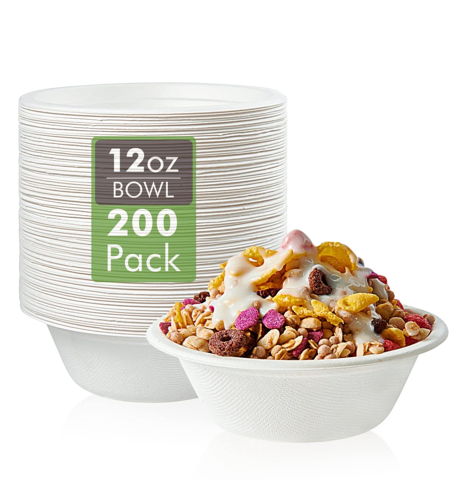 Vplus 200 Pack 12 oz Eco-friendly Compostable Paper Bowls - Heavy-duty Disposable Bowls for Milk, Cereals, Snacks, Salads - Bulk Bagasse Bowls - 12oz White - Buy Online on GoSupps.com