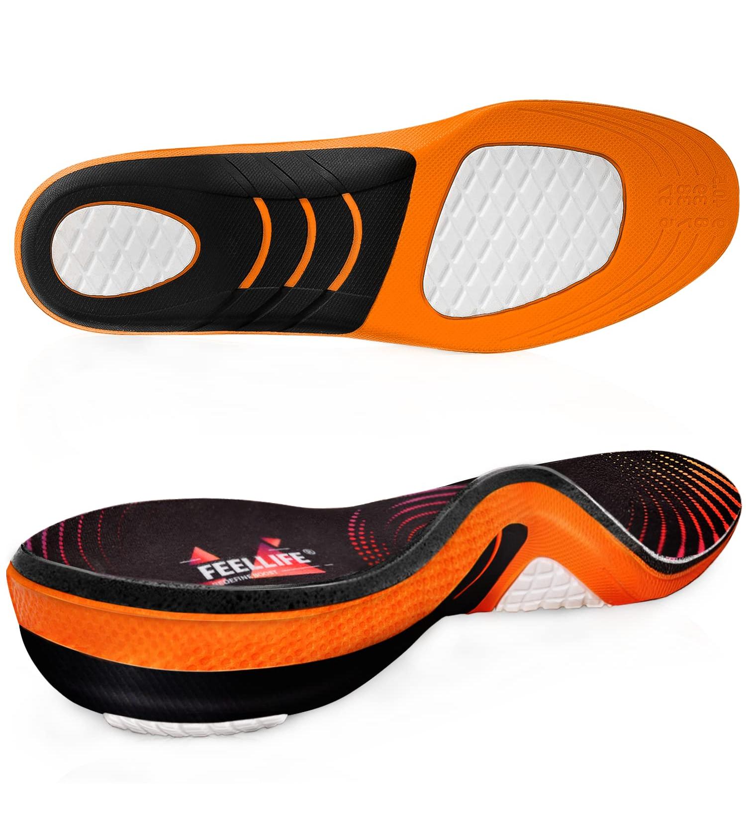 FEELLIFE FELLIFEN Insoles for Plantar Fasciitis - Gel Shoe Inserts for Arch Support - Black & Orange - Sizes 37-42 (24.5-27.4cm) - Perfect for Running & Orthopedic Comfort - Buy Online on GoSupps.com