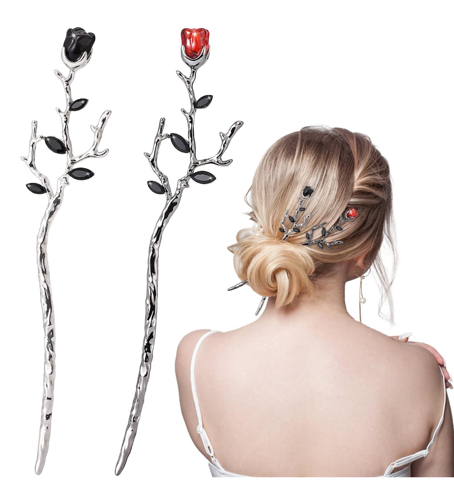 Noverlife 2PCS Rose Hair Sticks - Retro Metal Flower Chopsticks and Hair Pins for Women - Vintage Flower Hair Accessories - Buy Online on GoSupps.com