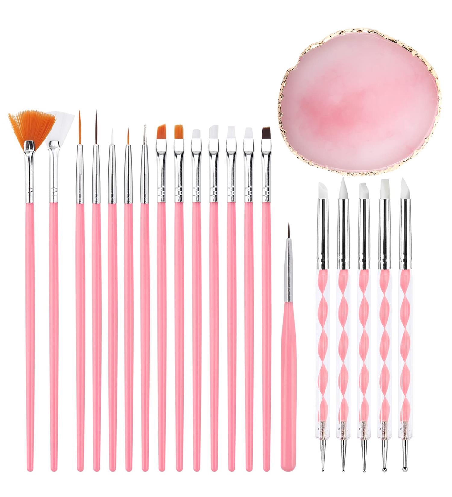 Resin Nail Art Palette with Gold Edge | Pink Makeup Display Board & 20Pcs Nail Brushes | Double-Ended Dotting Tool for Nails - Buy Online on GoSupps.com