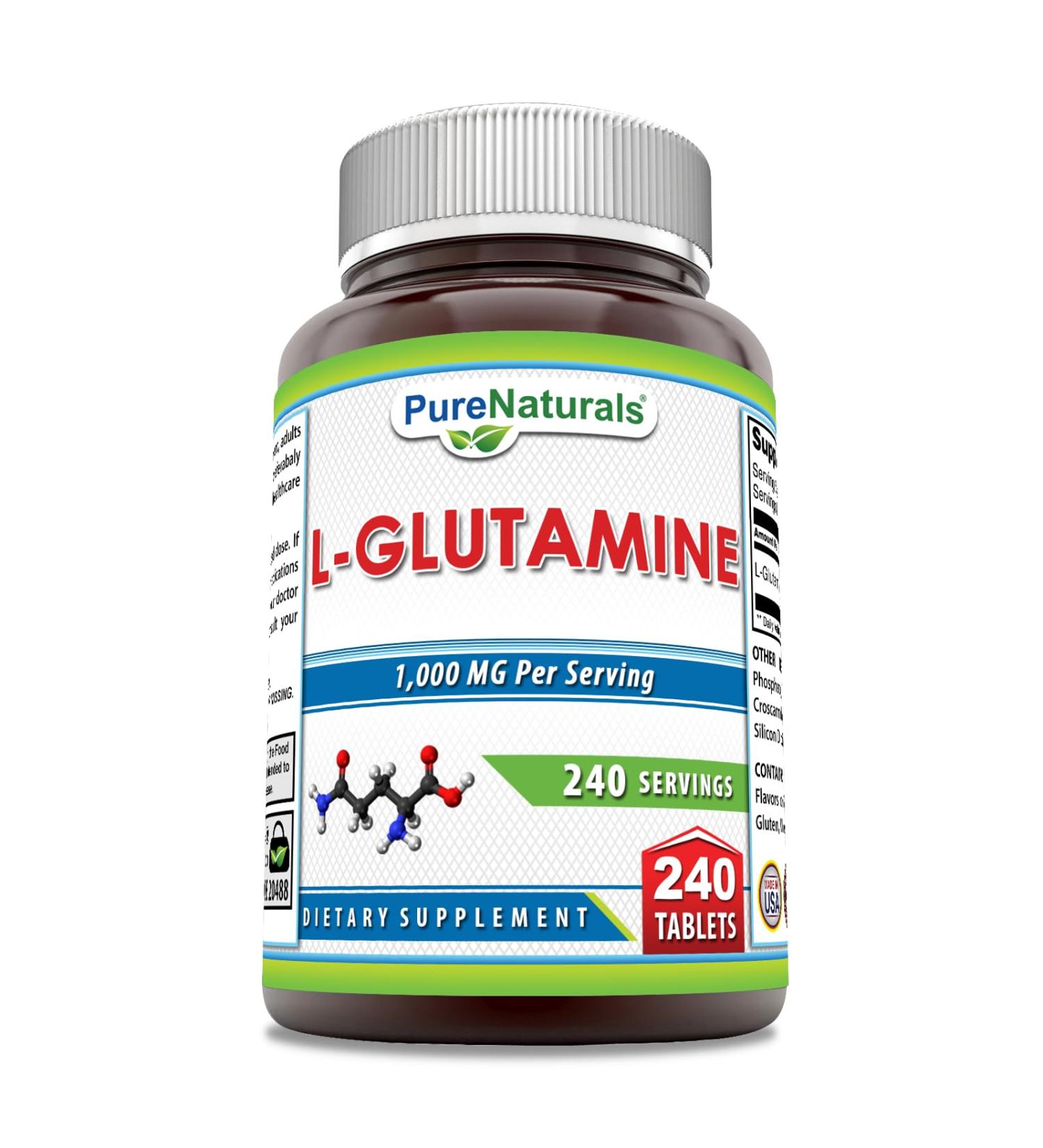 Pure Naturals L-Glutamine Supplement | 1000 Mg Per Serving | 240 Tablets | Non-GMO | Gluten Free | Made in USA
