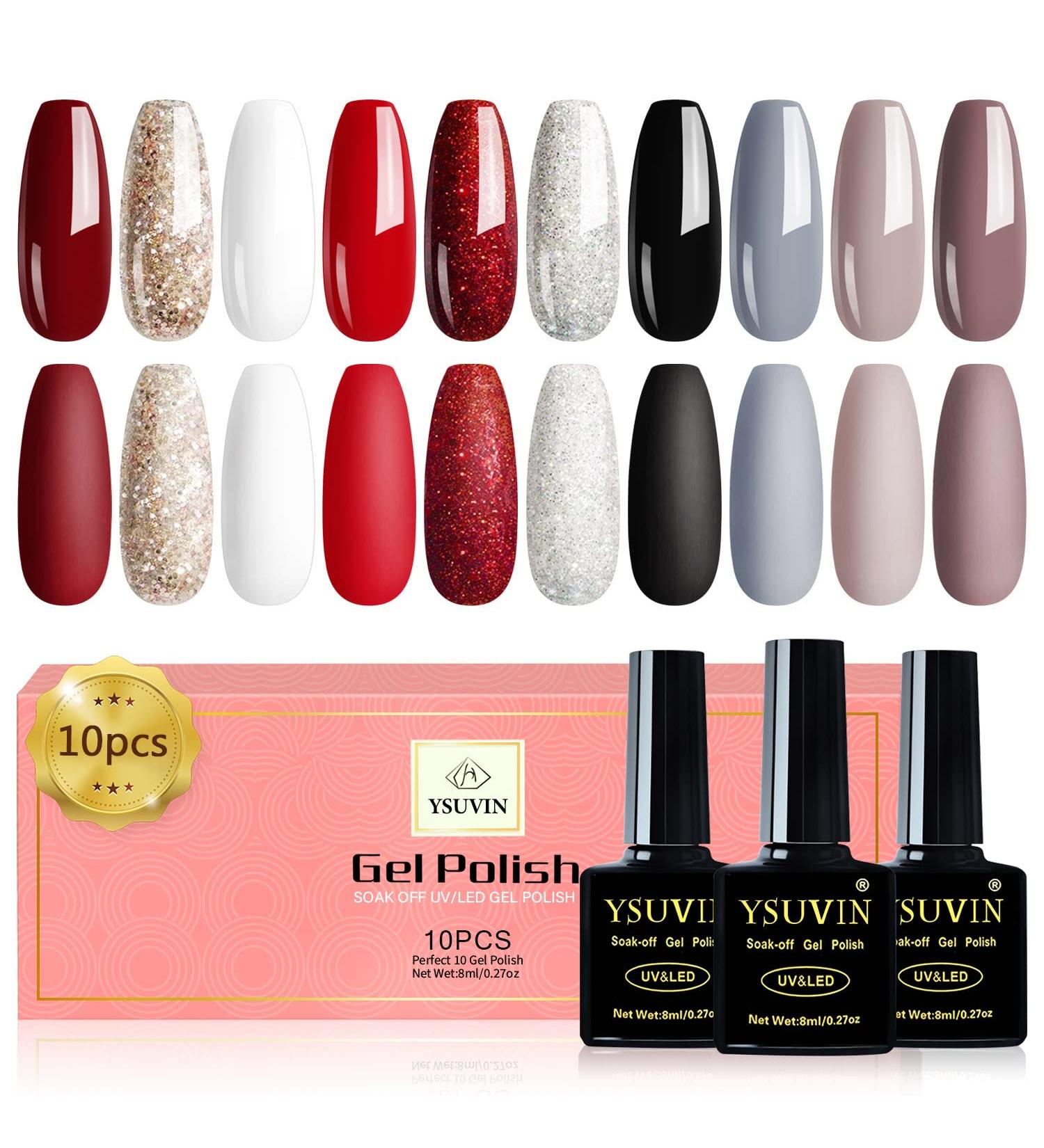 YSURE Gel Nail Polish Set - 10 Colors Red, Black, Grey, White Glitter - Salon Quality Soak Off LED Gel Nail Kit for DIY Manicure at Home - Maple Red - Buy Online on GoSupps.com