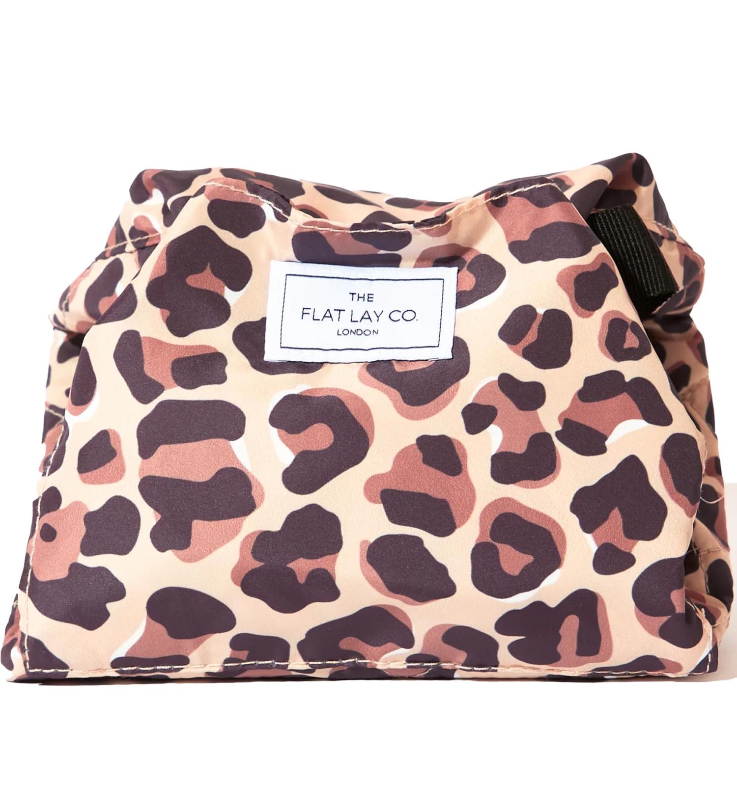 Flat Lay Makeup Bag - Travel Cosmetic Bag for Lipsticks Eyeshadow & Brushes | Large Leopard Design with Brush Holder for Skincare & Hygiene - Buy Online on GoSupps.com