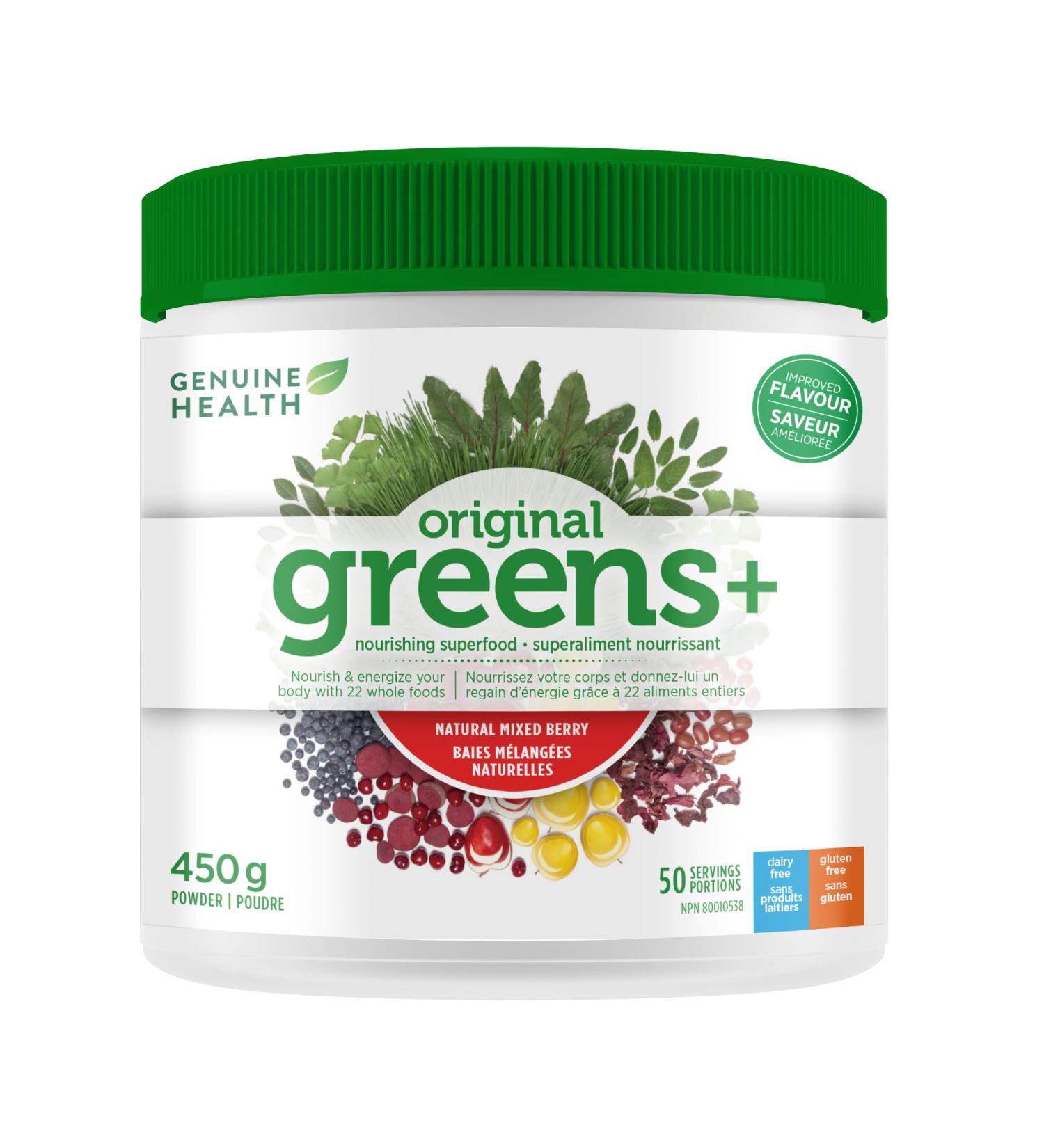 Genuine Health Greens+ Original 50 servings 450g Superfoods antioxidants and polyphenols to nourish and energize your body Mixed berry flavoured powder Dairy and gluten-free Mixed Berry Flavour 450 g (Pack of 1) - Buy Online on GoSupps.com