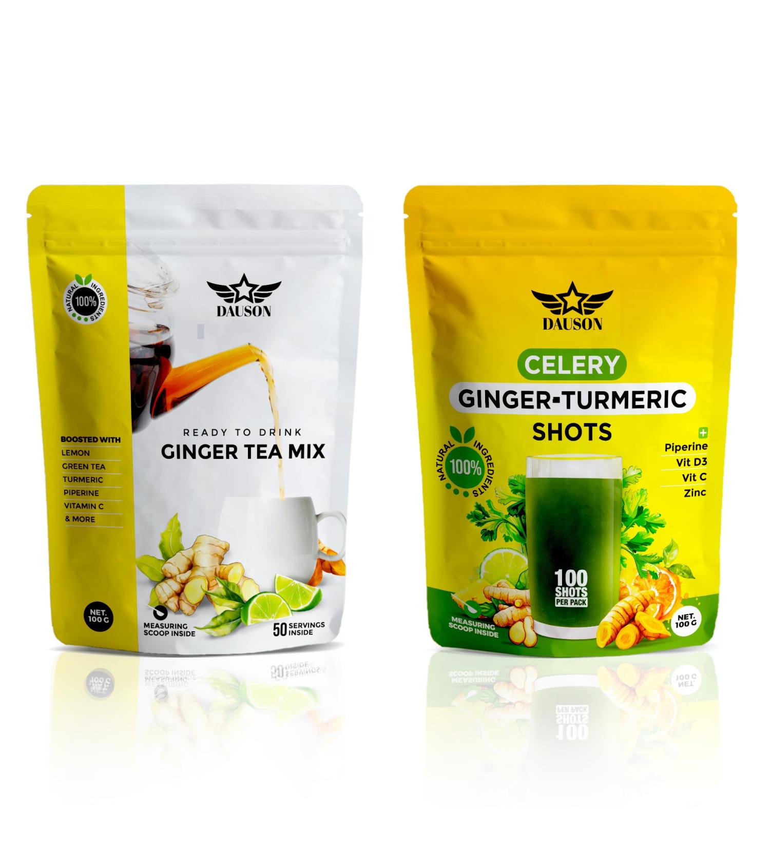Ginger Turmeric Detox Tea & Wellness Shots Refreshing Lemon Licorice & Decaf Green Tea Blend with Celery Inulin Pineapple Vitamin C D3 & Zinc | 100 Servings | Caffeine-Free Vegan Gut-Friendly - Buy Online on GoSupps.com