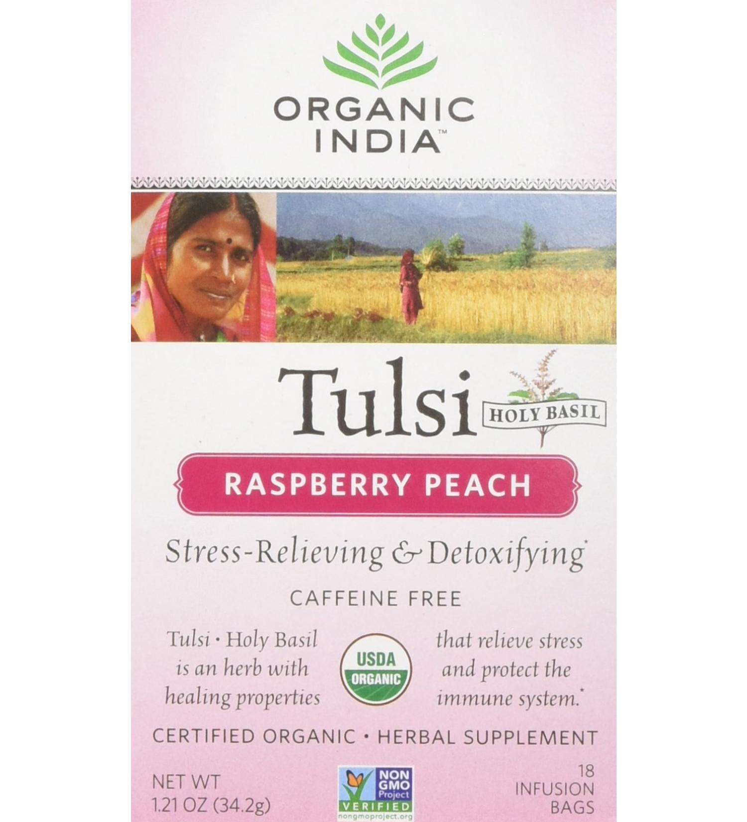 Organic India Tulsi Raspberry Peach Tea - 18 Bags | Natural Herbal Tea - Buy Online on GoSupps.com