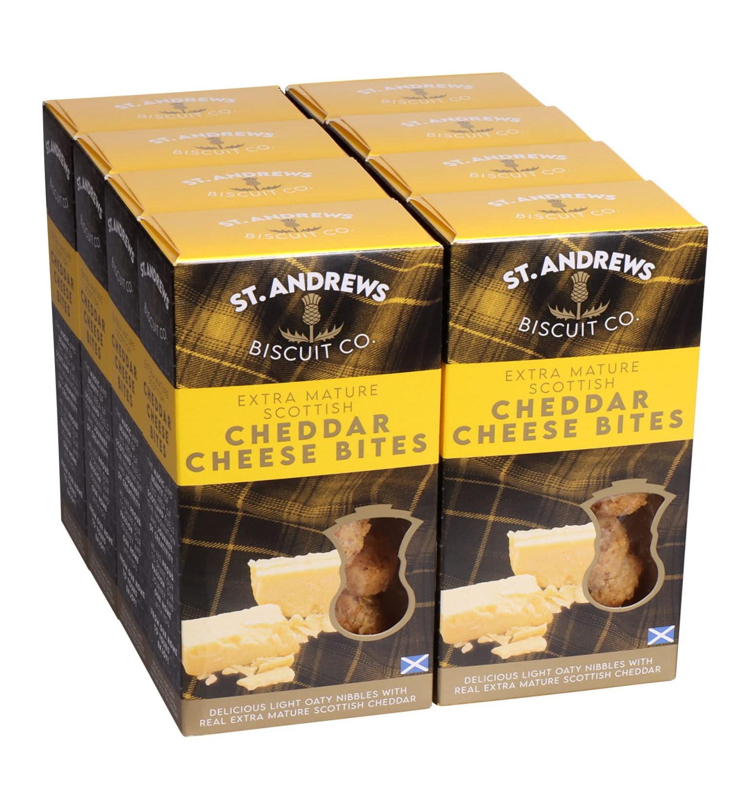 Scottish Cheddar Cheese Biscuits | 8 x 90g Boxes | Extra Mature Cheddar Cheese Bites | Made in Scotland | St Andrews Biscuit Co. (Cheddar Cheese Bites) - Buy Online on GoSupps.com