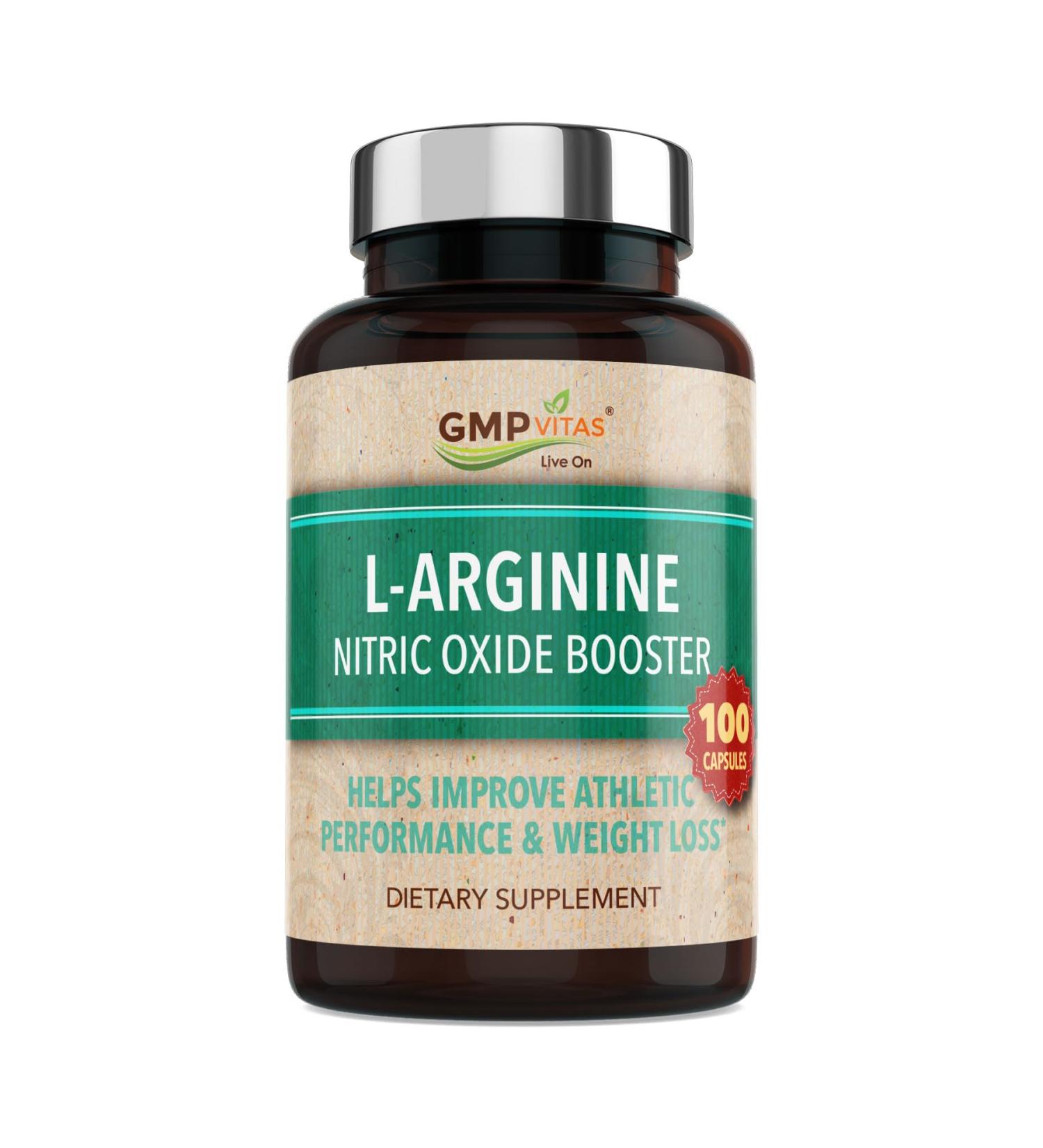 GMP Vitas Nitric Oxide Supplement 1000mg with L-Arginine Supports Blood Pressure Heart & Brain Health Joint Pain Relief & Bone Strength Cardiovascular Circulation Booster Pills - 100 Capsules - Buy Online on GoSupps.com