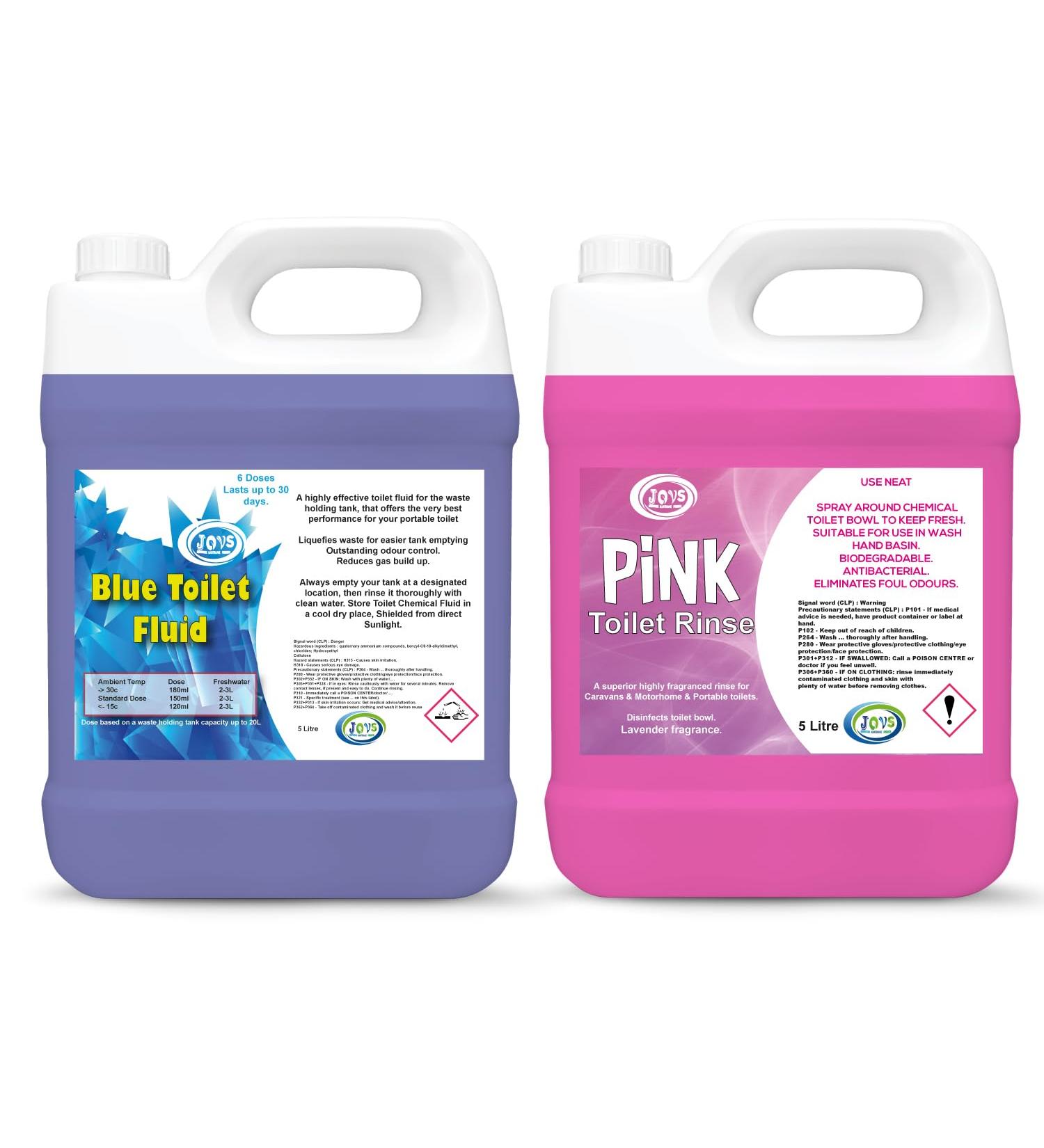 Jovs Caravan Toilet Chemical Bundle - 5L Blue Toilet Fluid and 5L Pink Rinse for Motorhomes & Caravans | Eco-Friendly Odour Eliminator | Up to 50 Treatments Each - Buy Online on GoSupps.com