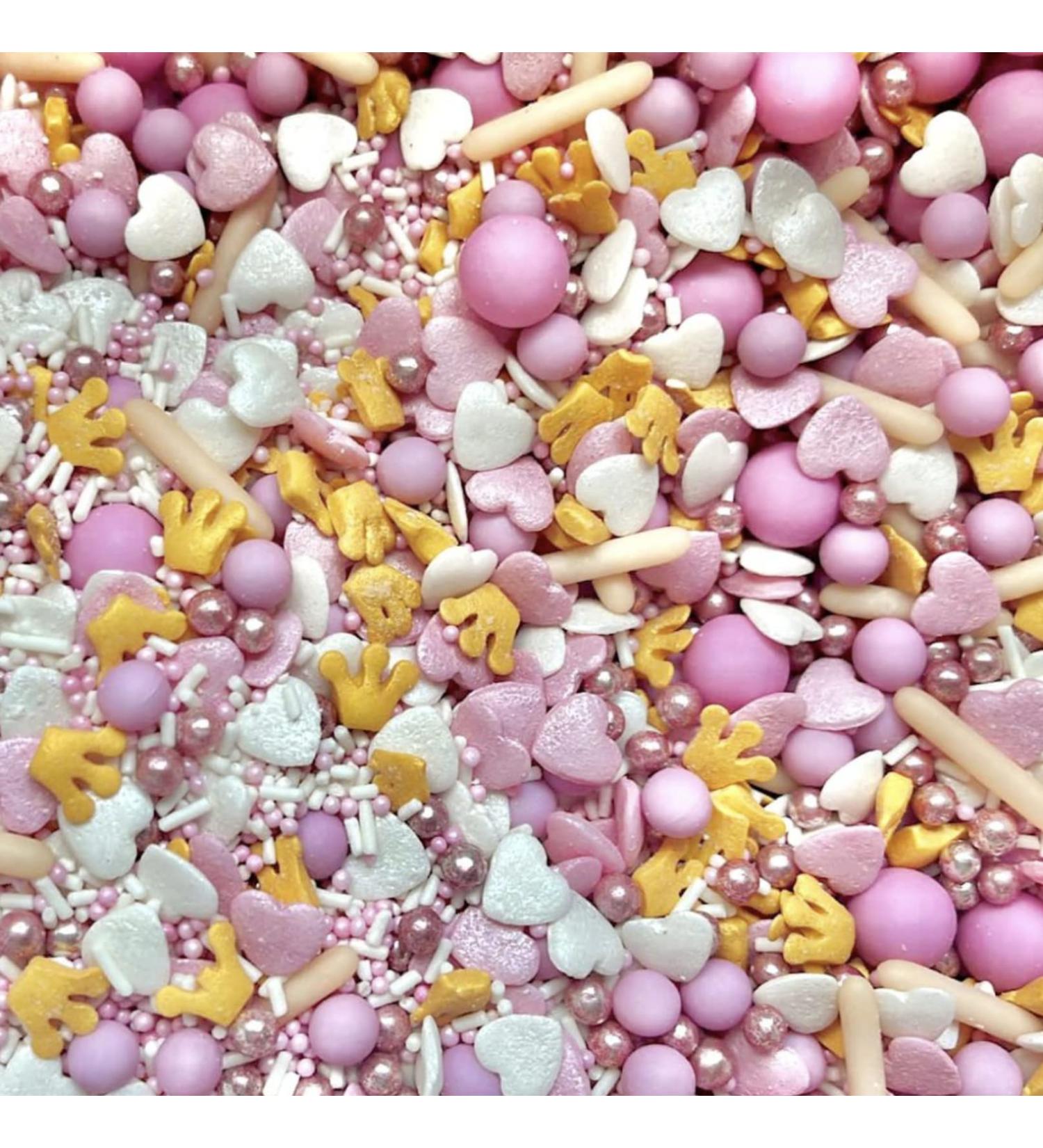 Pink white sprinkles peach beige blush gold crowns hearts chocolate balls princess party theme for cupcake cookies cake toppers pearls metallic 100s and 1000s edible decoration PRETTY PRINCESS