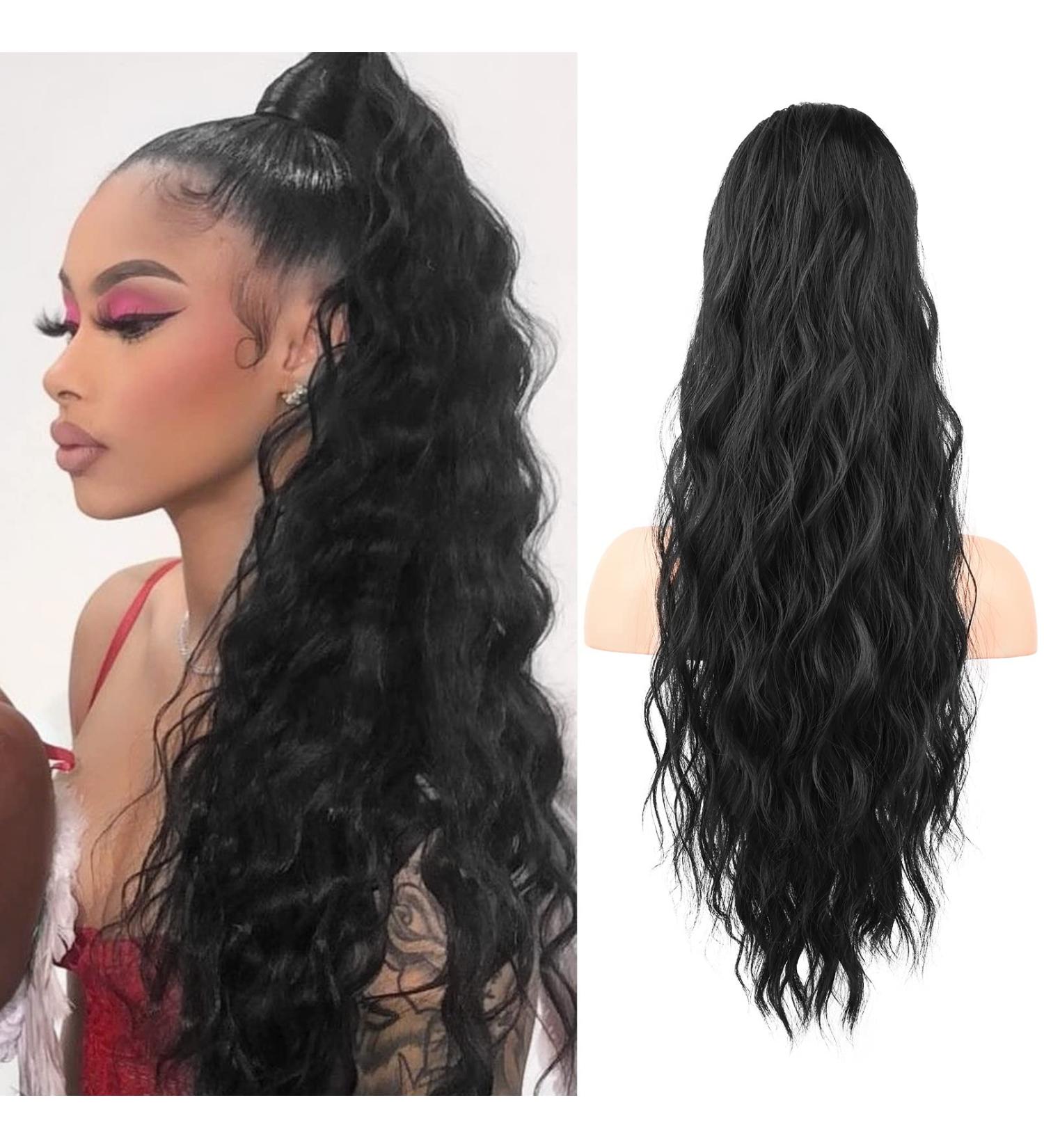 FLUFYMOOZ 26 Inch Drawstring Ponytail Hair Extension - Long Curly Wavy Synthetic Hairpiece for Women - Natural Black - Ideal for Daily Use and Parties - Buy Online on GoSupps.com