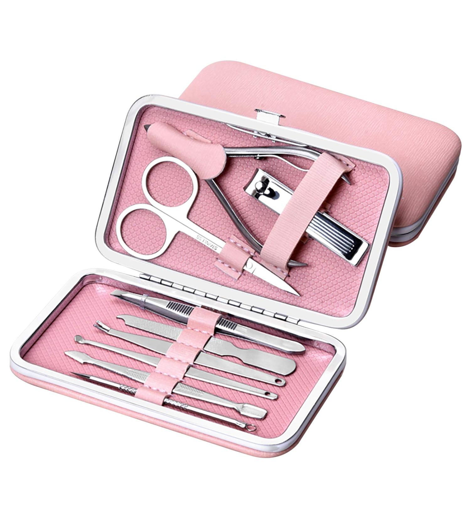 Jiuke Professional 9-Piece Stainless Steel Nail Care Manicure Set for Women - Nail Clippers, File, Grooming Kit in Pink Travel Case - Buy Online on GoSupps.com