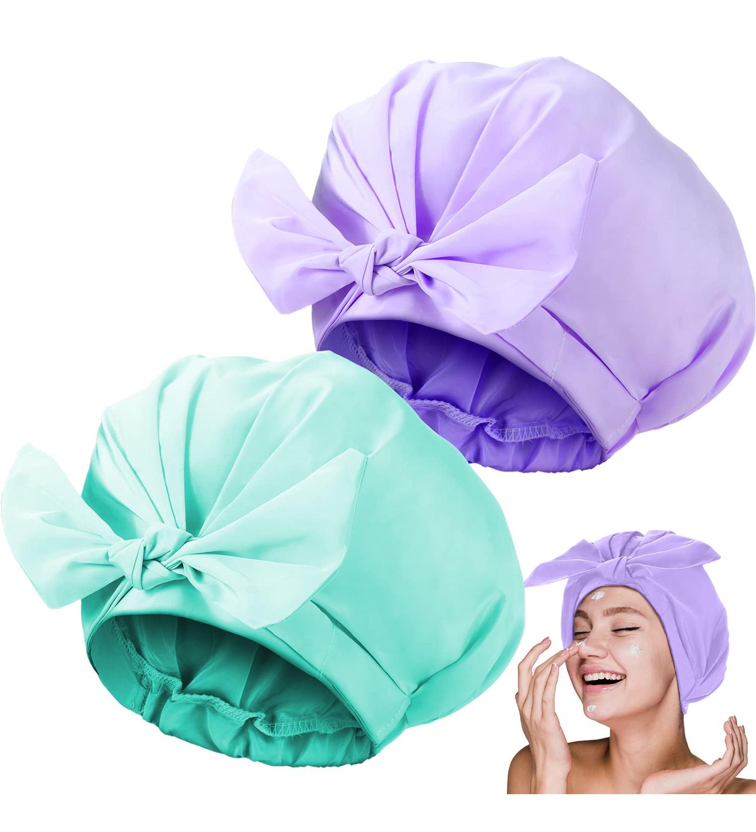 Adjustable Bow-knot Shower Cap Set | Reusable Waterproof Hair Turbans | Cyan Purple Bath Caps for Women & Girls | Ideal for Beauty, Spa, and Travel - Buy Online on GoSupps.com