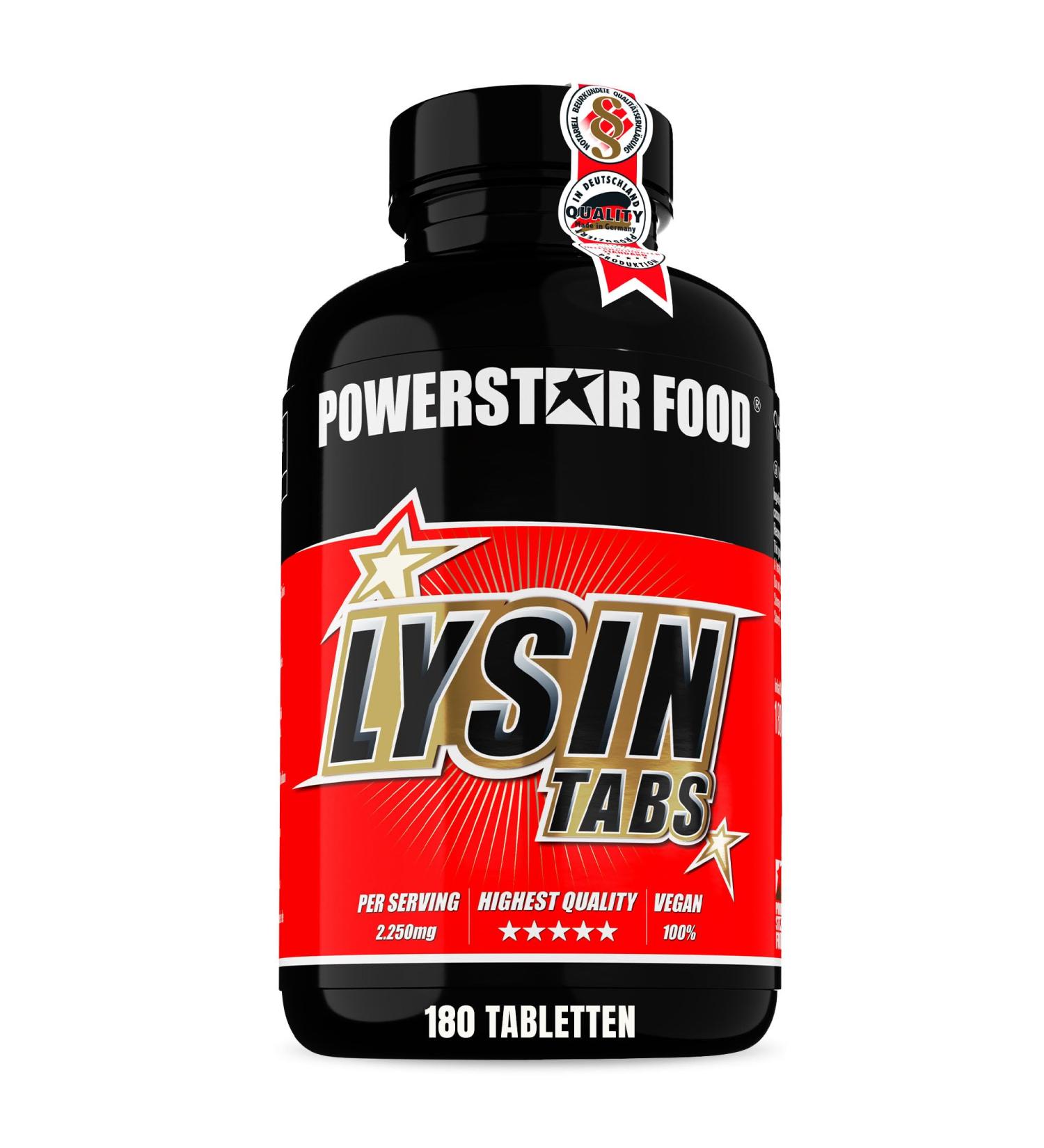 Powerstar Lysin Tabs | 2 250 mg Pure L-Lysine | Vegan | Supports Connective Tissue & Fat Metabolism | 180 Tablets - 2 Month Supply | German Quality - Buy Online on GoSupps.com