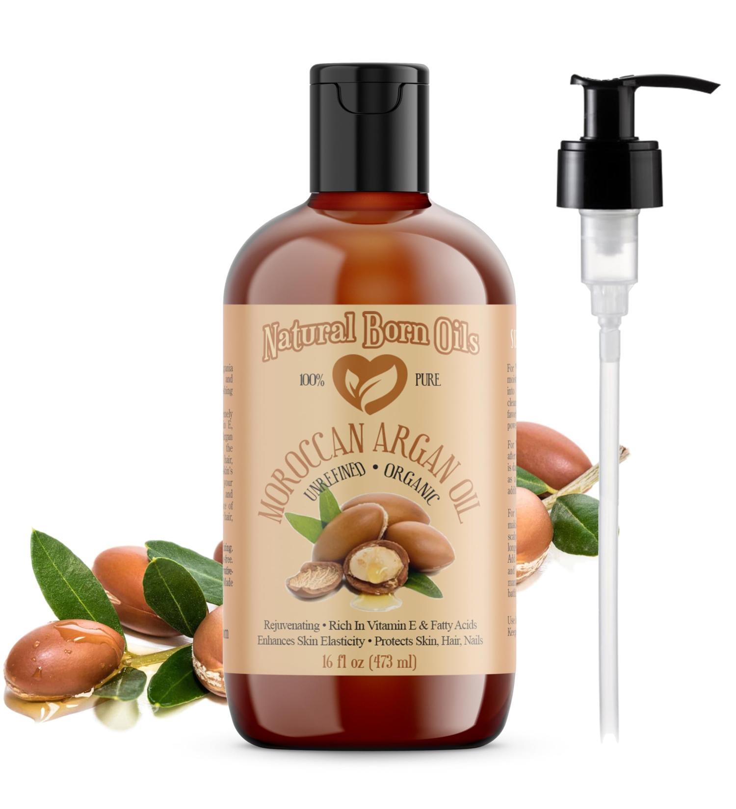 Natural Born Oils Moroccan Argan Oil 16oz Organic Cold-Pressed Vitamin E & Antioxidants Deep Skin Hydration Hair Strengthener - Buy Online on GoSupps.com