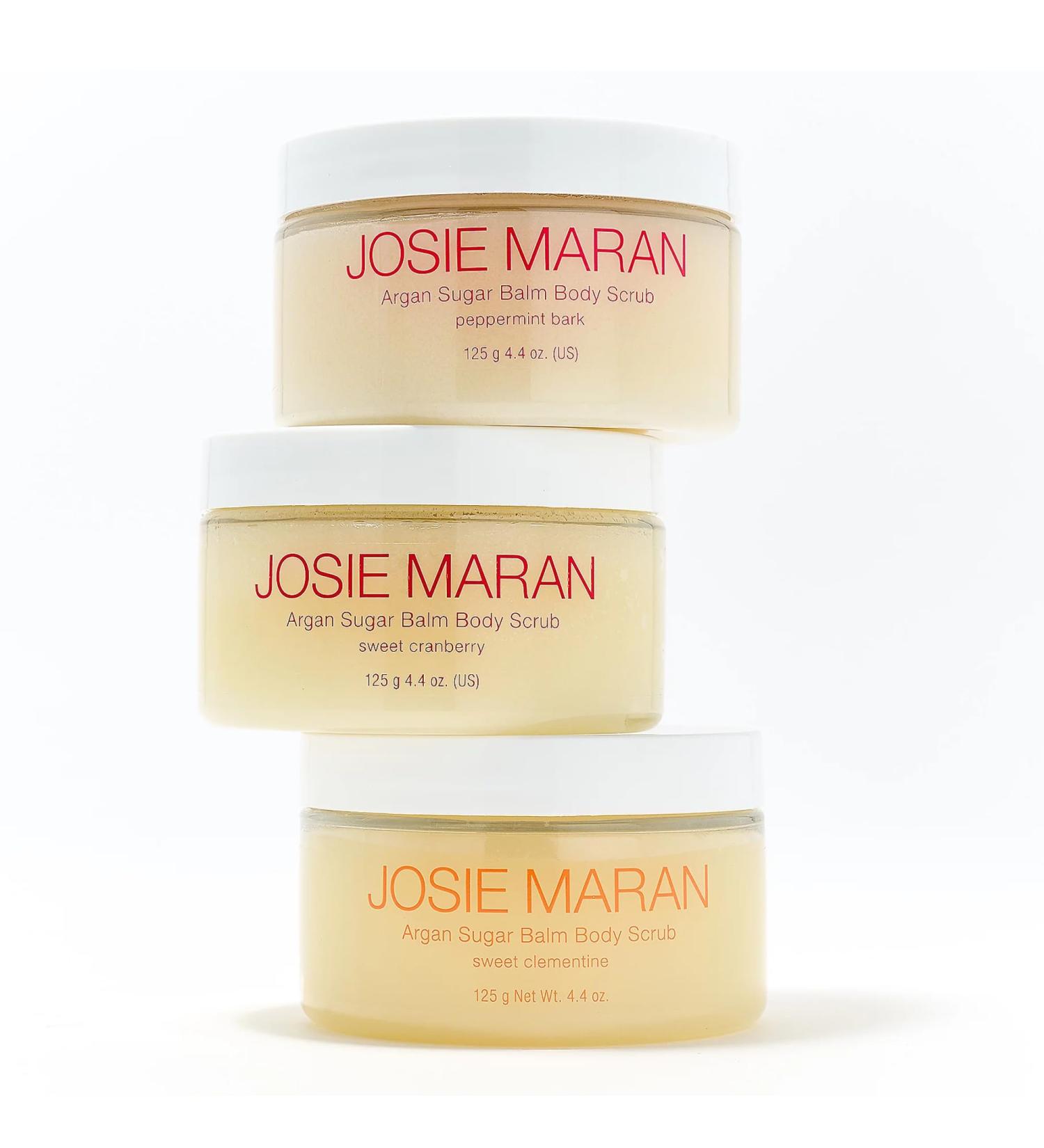 Josie Maran Argan Sugar Body Scrub Trio - 3-Piece Body Care Set - Softens, Smoothes & Hydrates Dry Skin - Includes Scents Sweet Clementine, Peppermint Bark & Sweet Cranberry (3 Count) - Buy Online on GoSupps.com