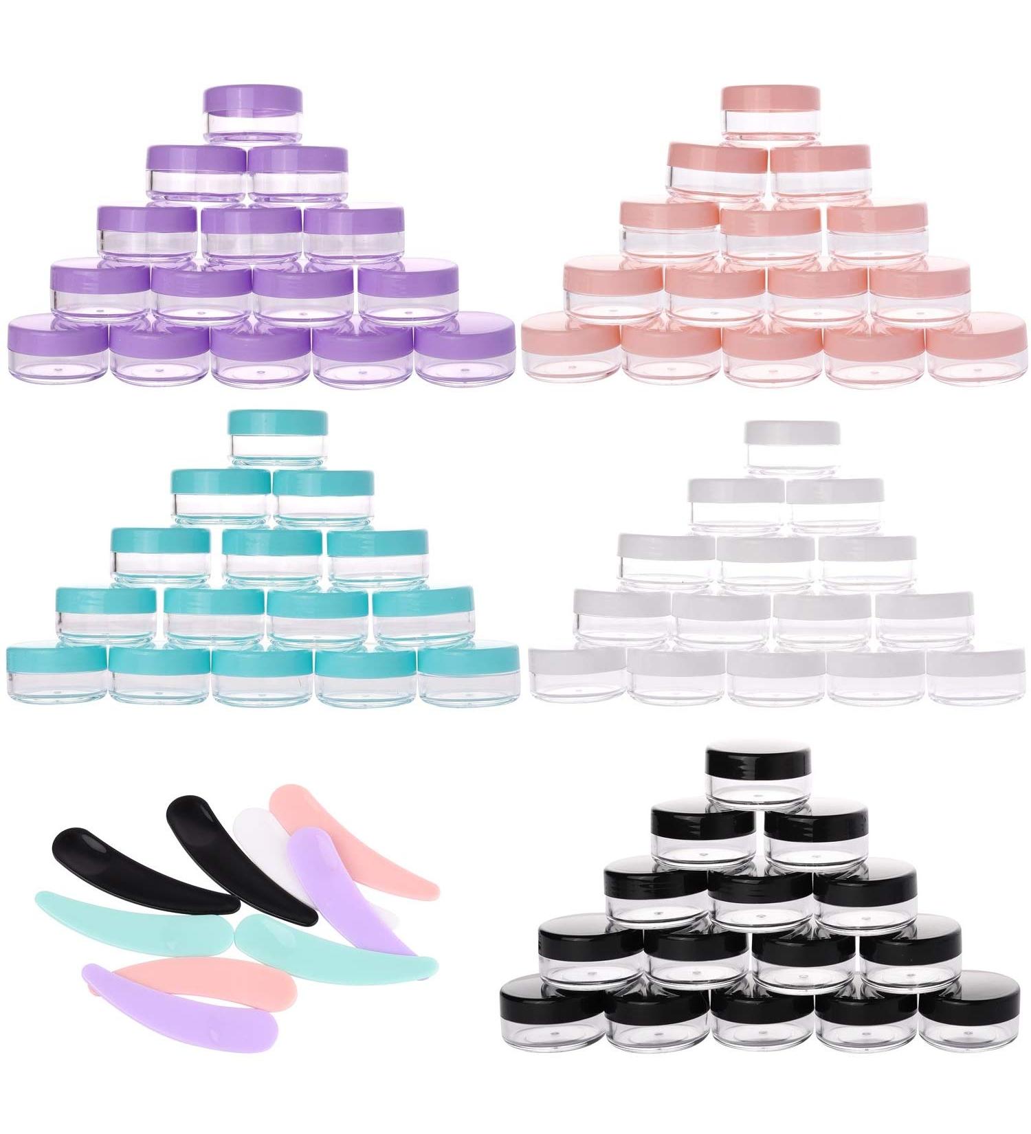 100 Count 10g Small Round Sample Cosmetic Jars with Lids | Makeup Containers for Lip Scrub | Leak Proof | Includes 10Pcs Mask Spatula - Multi Color - Buy Online on GoSupps.com