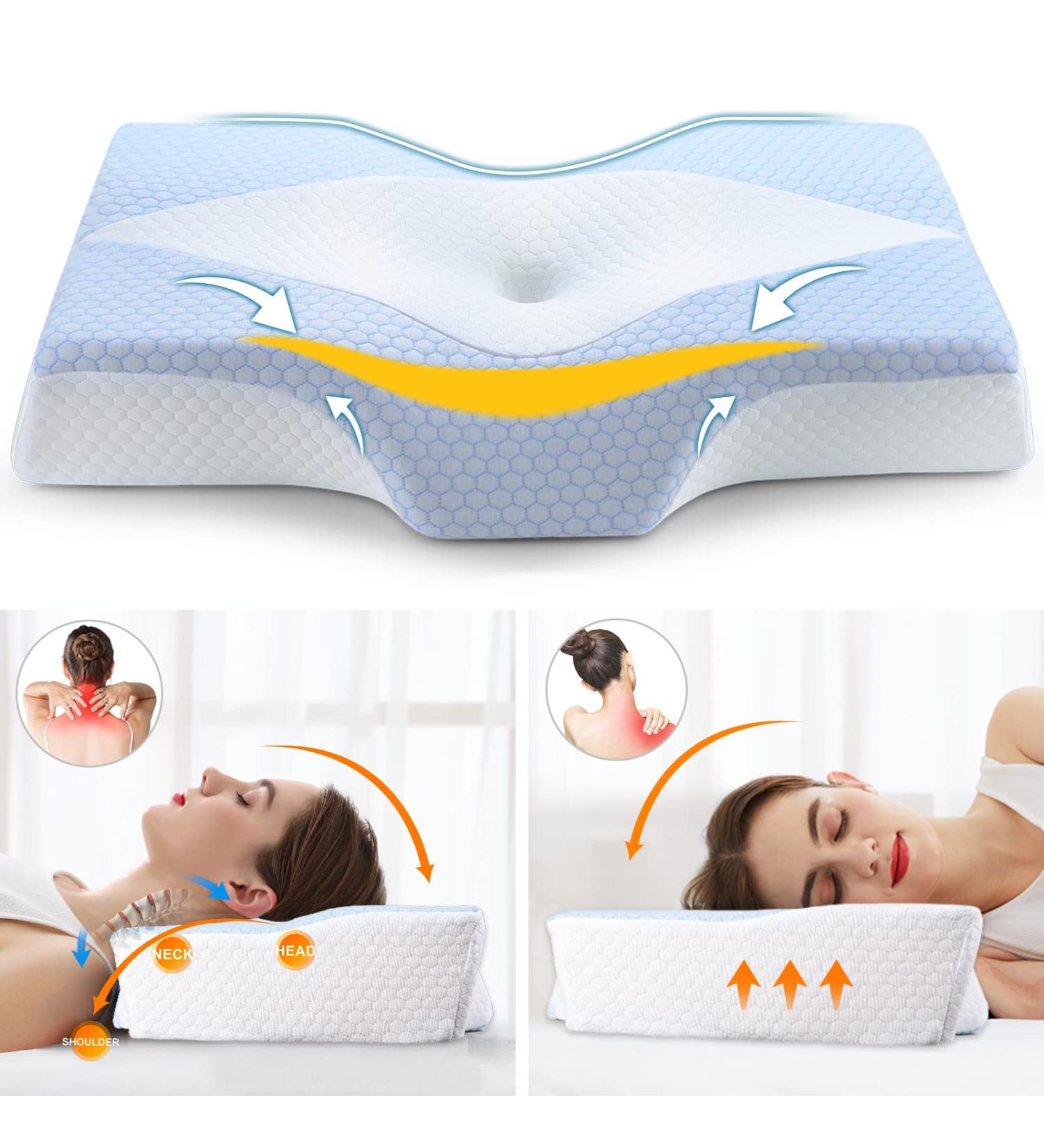 Orthopedic Cooling Memory Foam Neck Pillow for Pain Relief - Washable Cover, Standard Size - Ideal for Side, Back, Stomach Sleepers [US Patent Design] - Buy Online on GoSupps.com