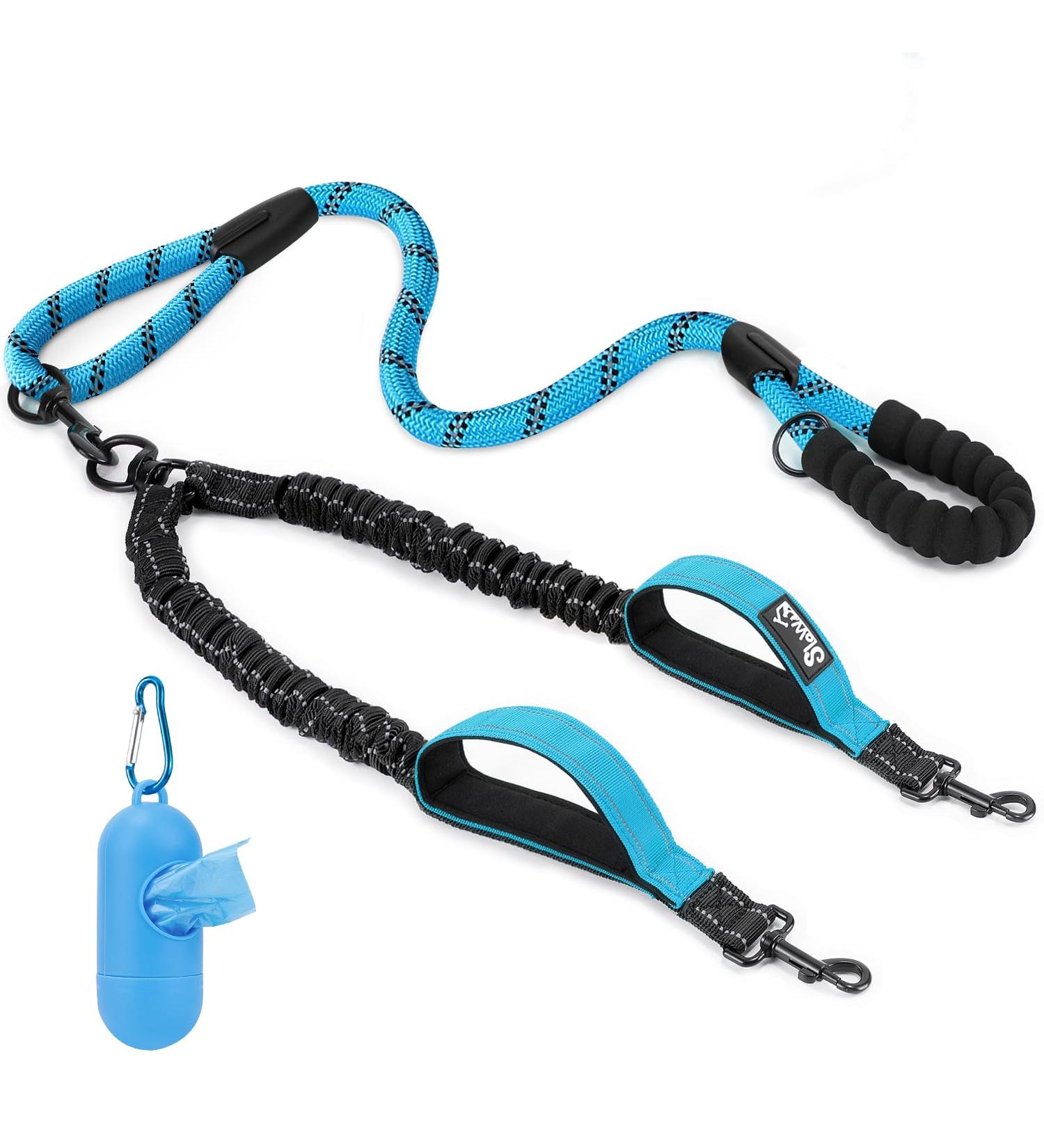 Slowton Double Linen Dog Leash for 2 Dogs - 360 Rotatable Reflective Padded Handles | Shock-Damping for Small & Medium Dogs (3-16kg) - Blue - Buy Online on GoSupps.com