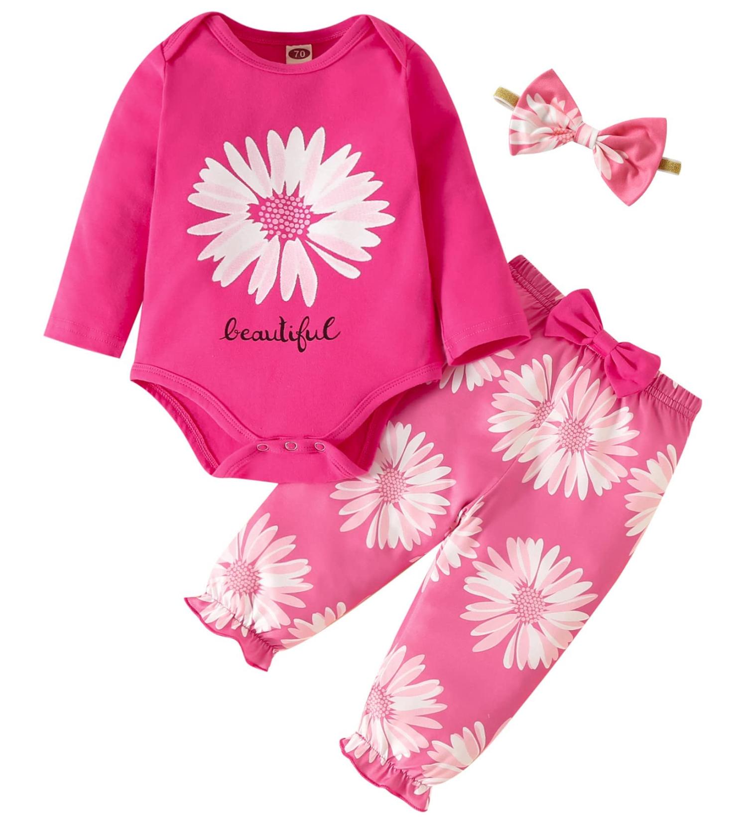 Koonde Baby Girl 3-Piece Outfit Set | Romper, Trouser & Headband | Bright Pink | Newborn to 24 Months - Buy Online on GoSupps.com