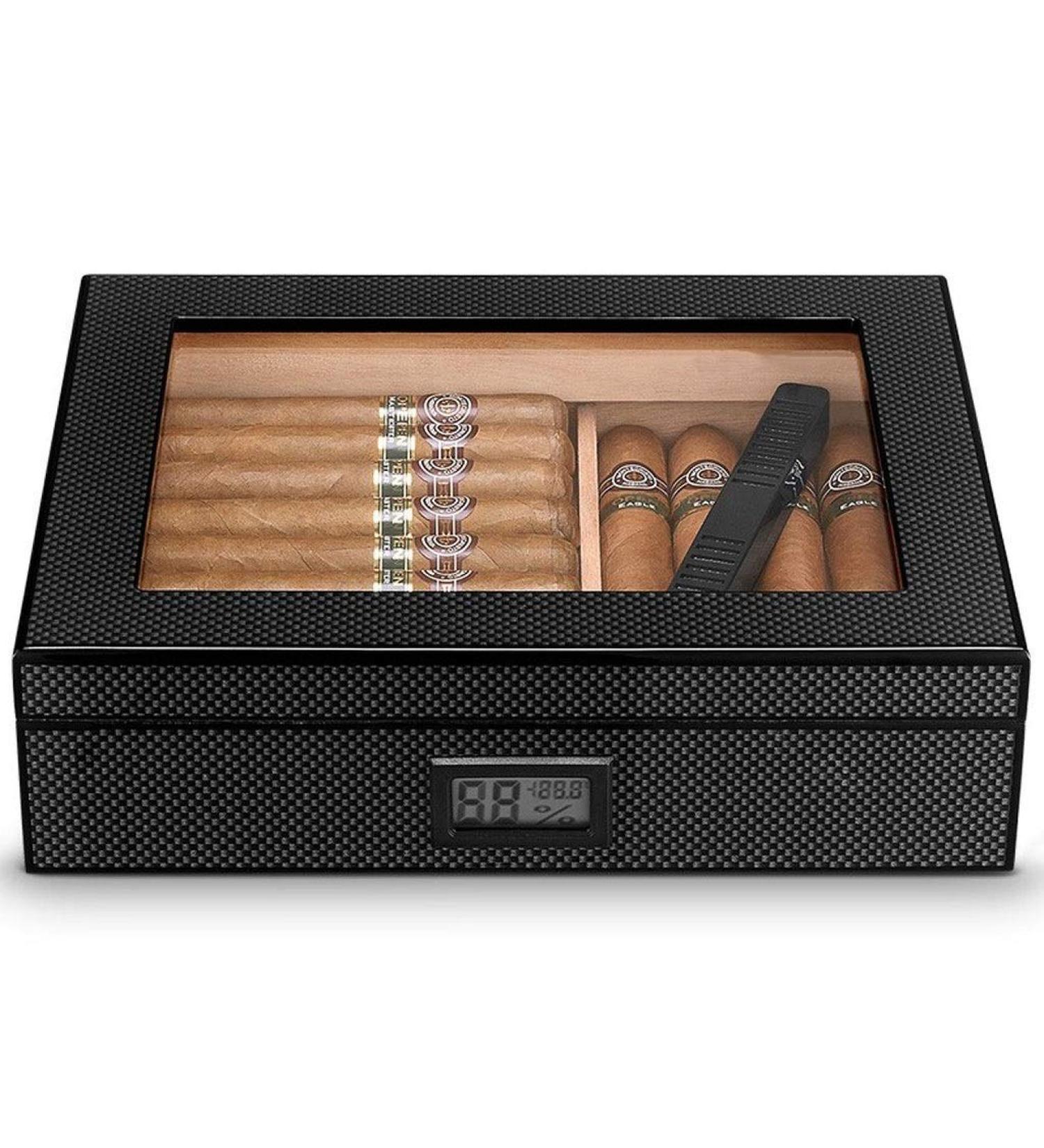 Cigar Boxs Humidors Cigar Humidor Carbon Fiber Cigar Humidor High Lacquer Handcrafted Cecigar Desktop Box with Front Digital Hygrometer and Humidifier Glass Top for 20 Cigars - Buy Online on GoSupps.com