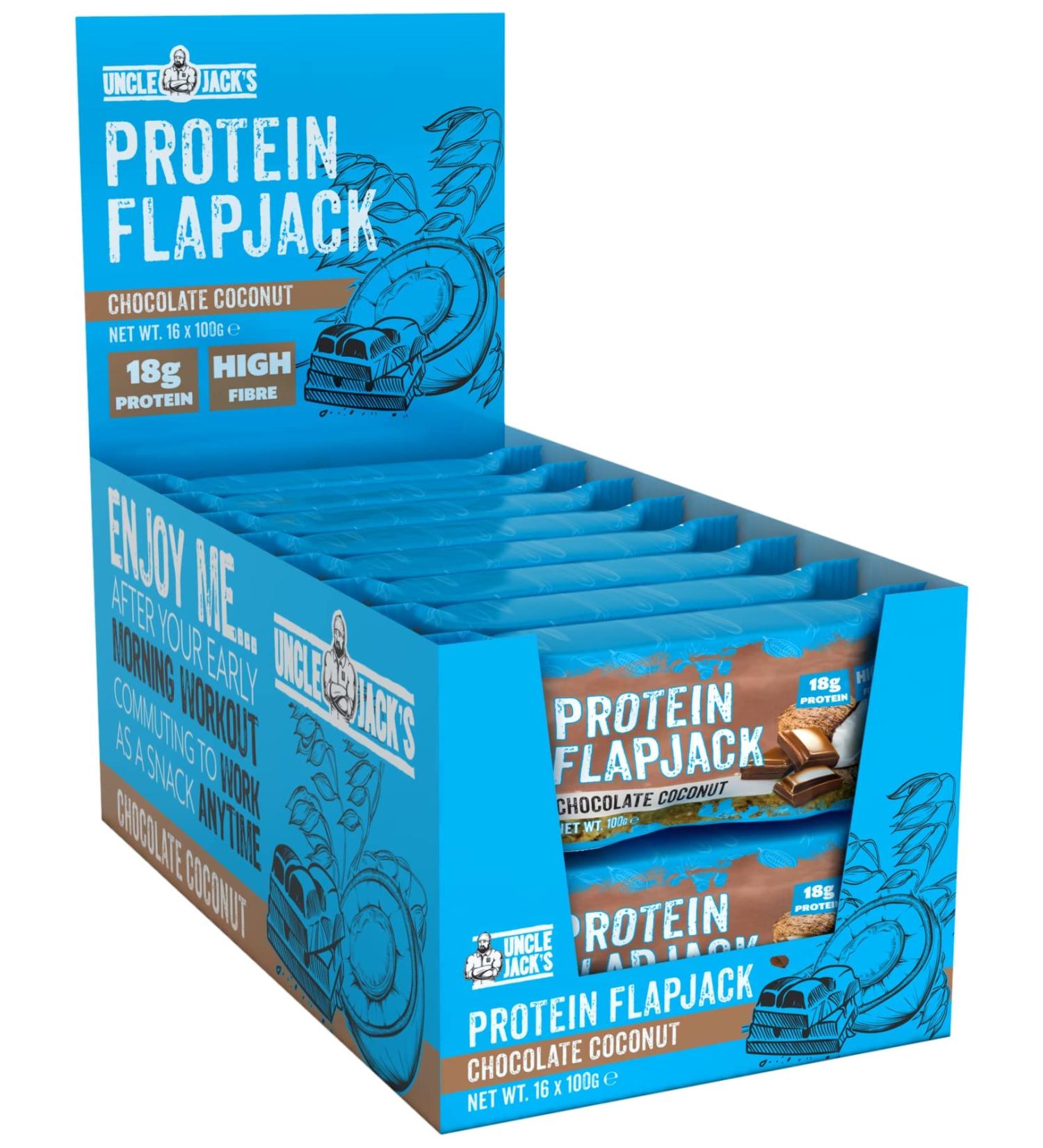 Uncle Jack's Protein Flapjacks | 16 x 100g | 18g Protein | High Protein High Fibre | Vegetarian | (Chocolate Coconut) - Buy Online on GoSupps.com