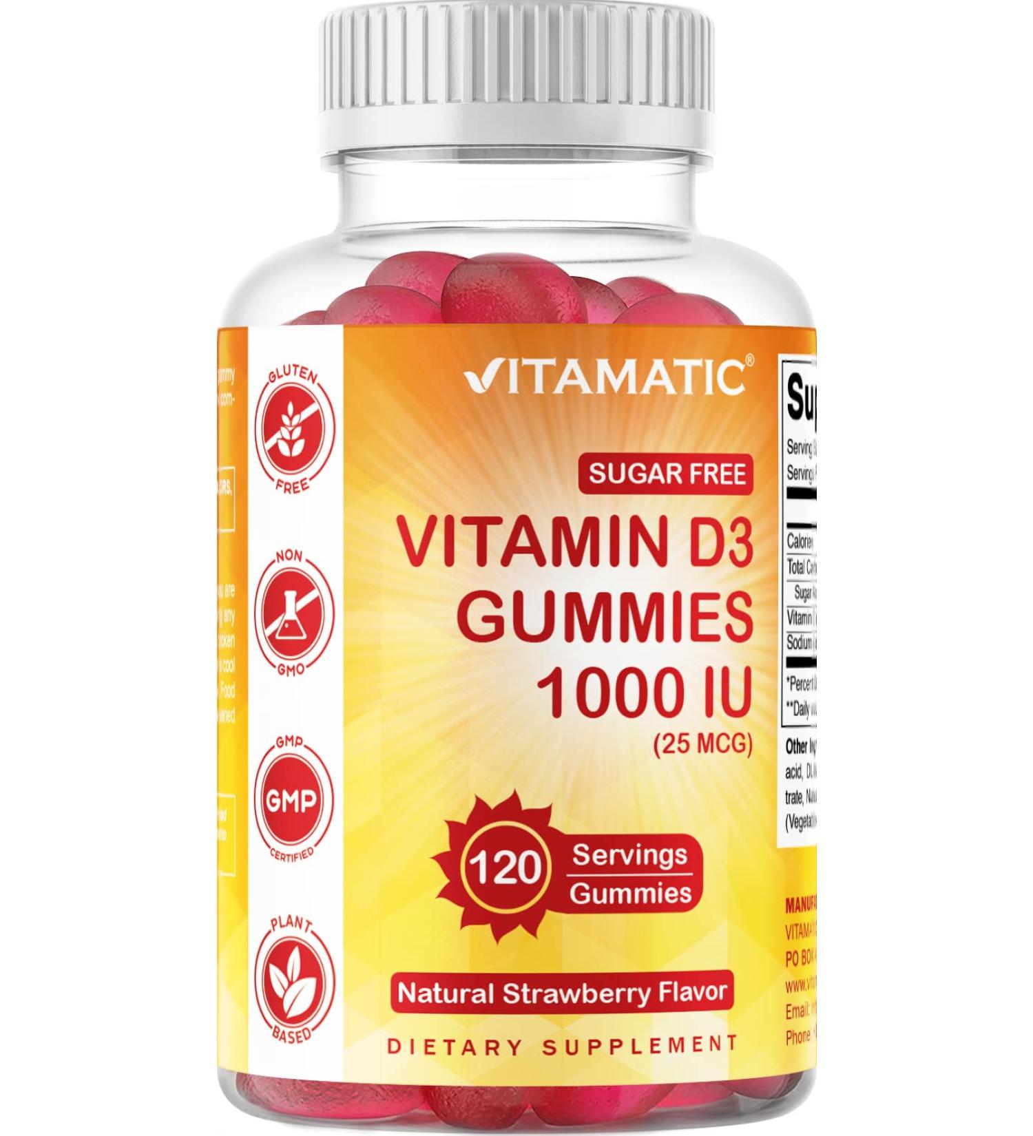 Vitamatic Sugar Free Vitamin D3 1000 IU Gummies - 120 Pectin Based Servings | Bone Health, Mood & Immune Support | Non-GMO - Buy Online on GoSupps.com
