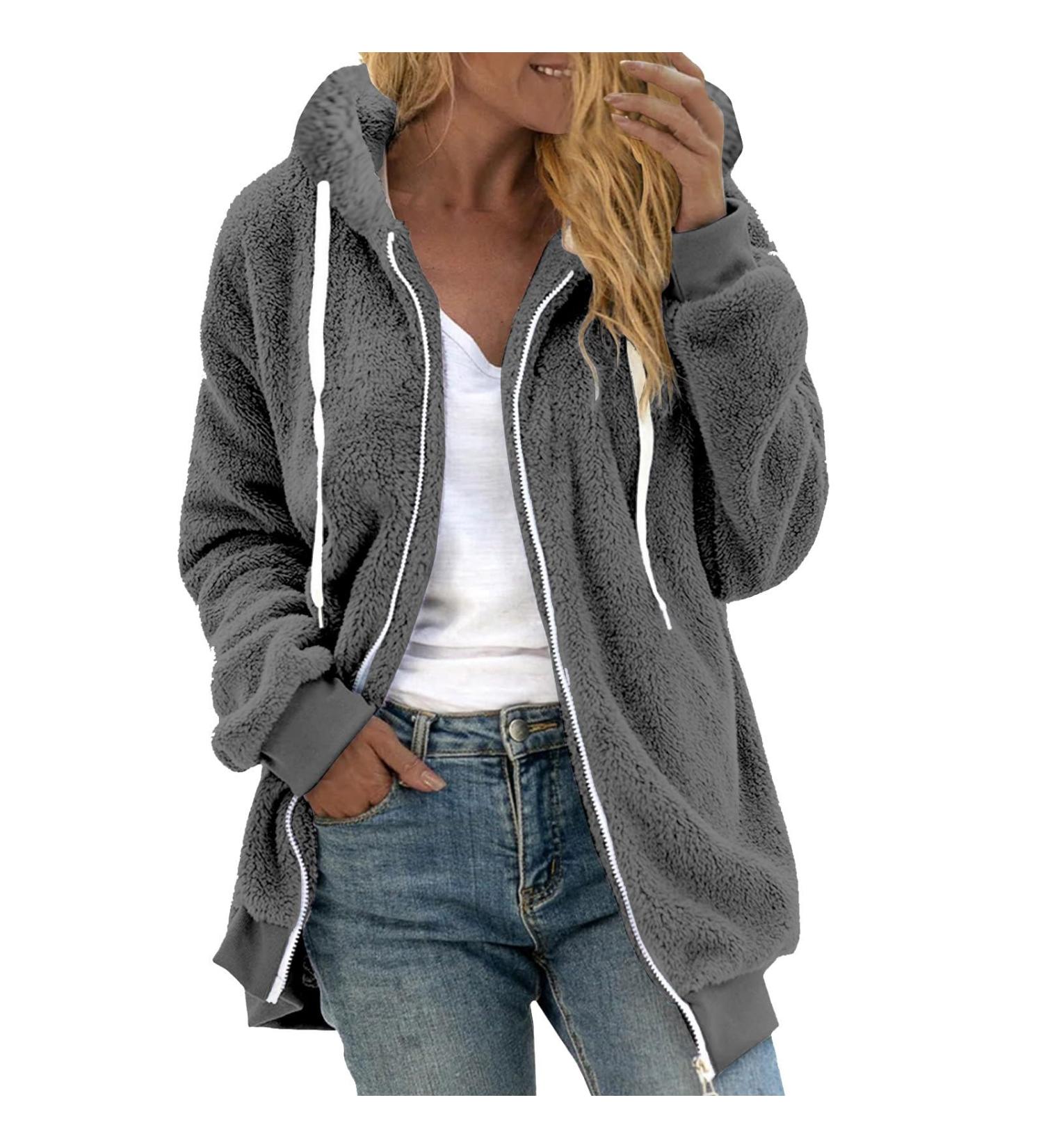 Hanxiulin Women's 5XL Fleece Jacket - Warm Plush & Windproof Cuddly Trench Coat in Dark Gray - Buy Online on GoSupps.com