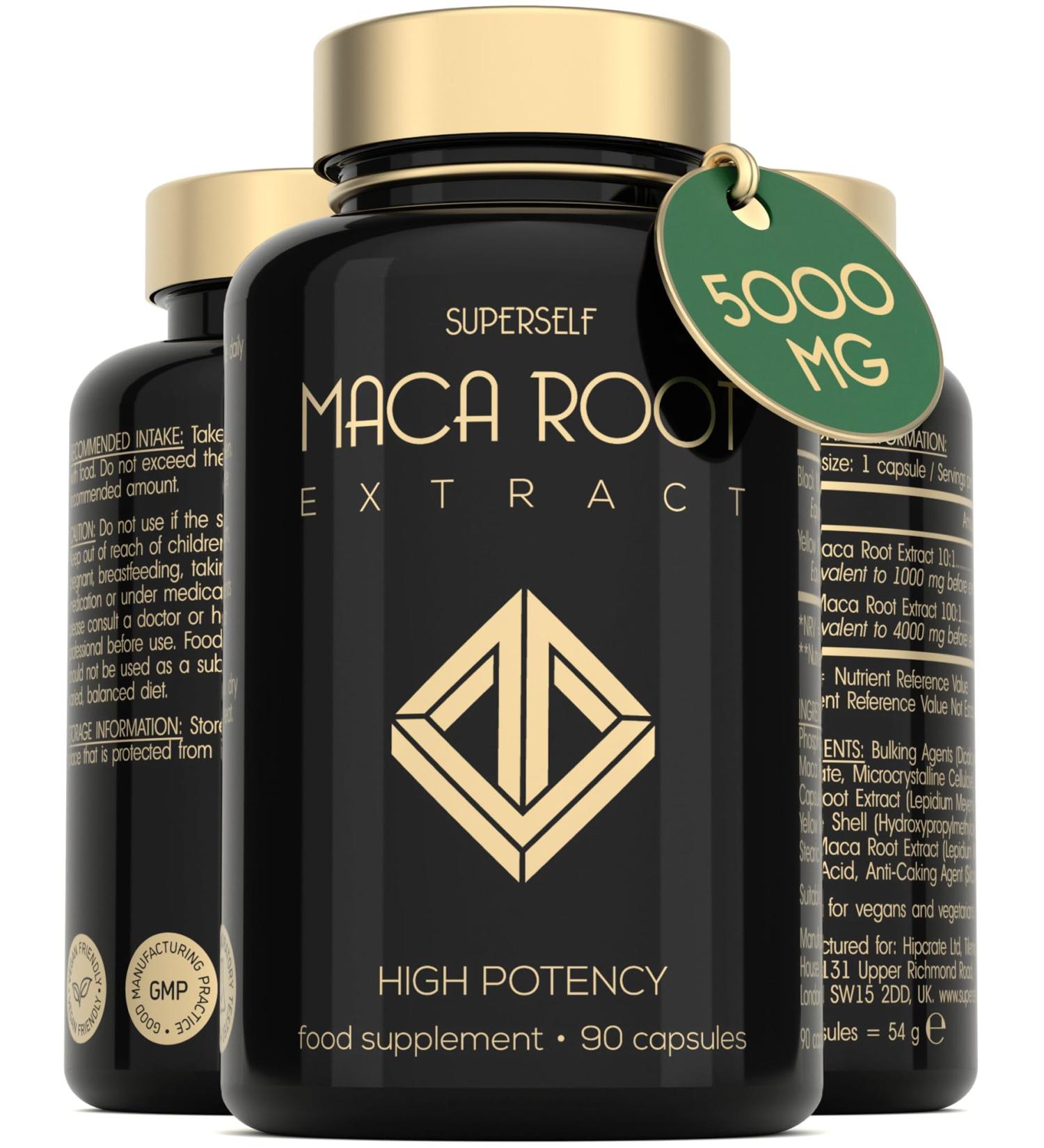 Maca Root 5000mg - Maca Root Capsules for Women & Men - High Potency Herbal Booster - Black & Yellow Macca Root Powder Extract - 90 Maca Tablets - British Made High Strength Supplement - Buy Online on GoSupps.com