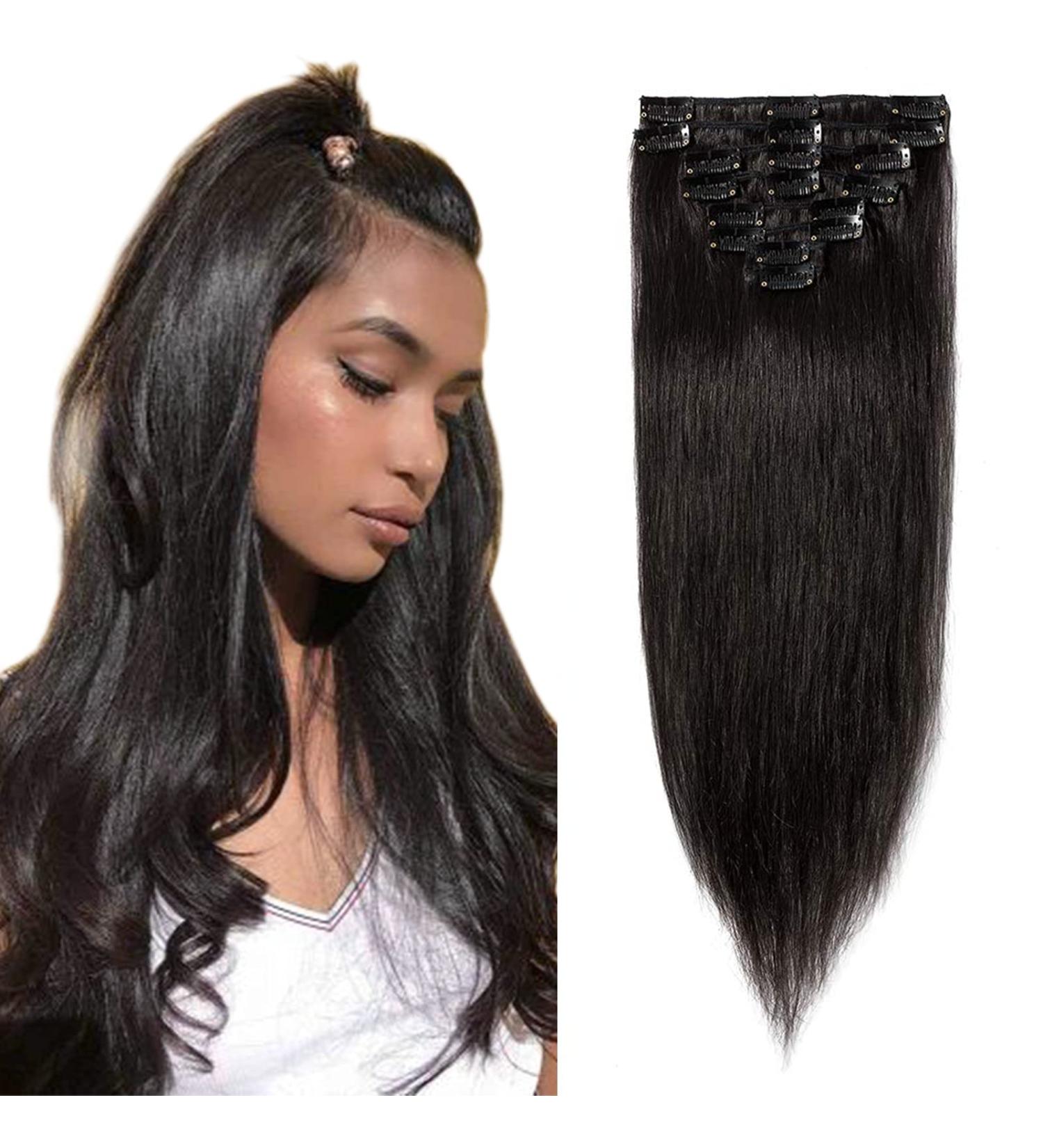 Real Hair Clip-in Extensions | 8 Wefts Light Heat Resistant Straight Natural Black #1B - 22 (56cm) | 75g Premium Quality - Buy Online on GoSupps.com