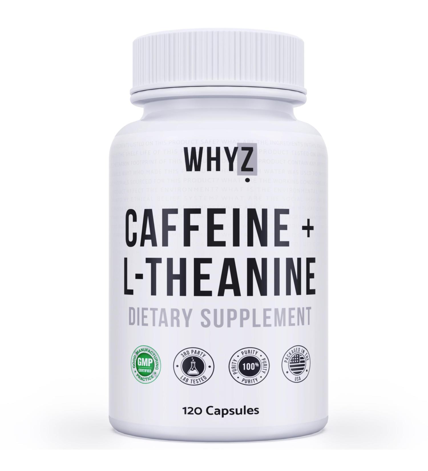 WHYZ Caffeine Pills with L-Theanine 120 Capsules Nootropic Stack Energy Pills Energy Vitamins for Sustained Focus & Cognitive Function L Theanine Caffeine Energy Supplements for Women & Men - Buy Online on GoSupps.com