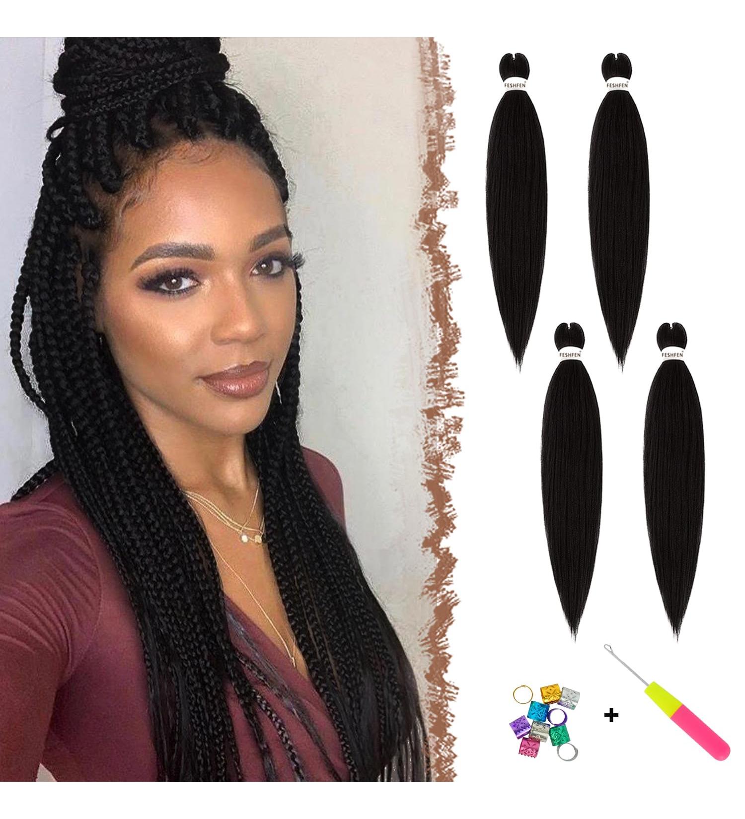 Feshfen Pre-Stretched Braiding Hair Extensions - 65cm Yaki Texture 4 Packs of Natural Black Synthetic Hair for Easy Braiding - Buy Online on GoSupps.com