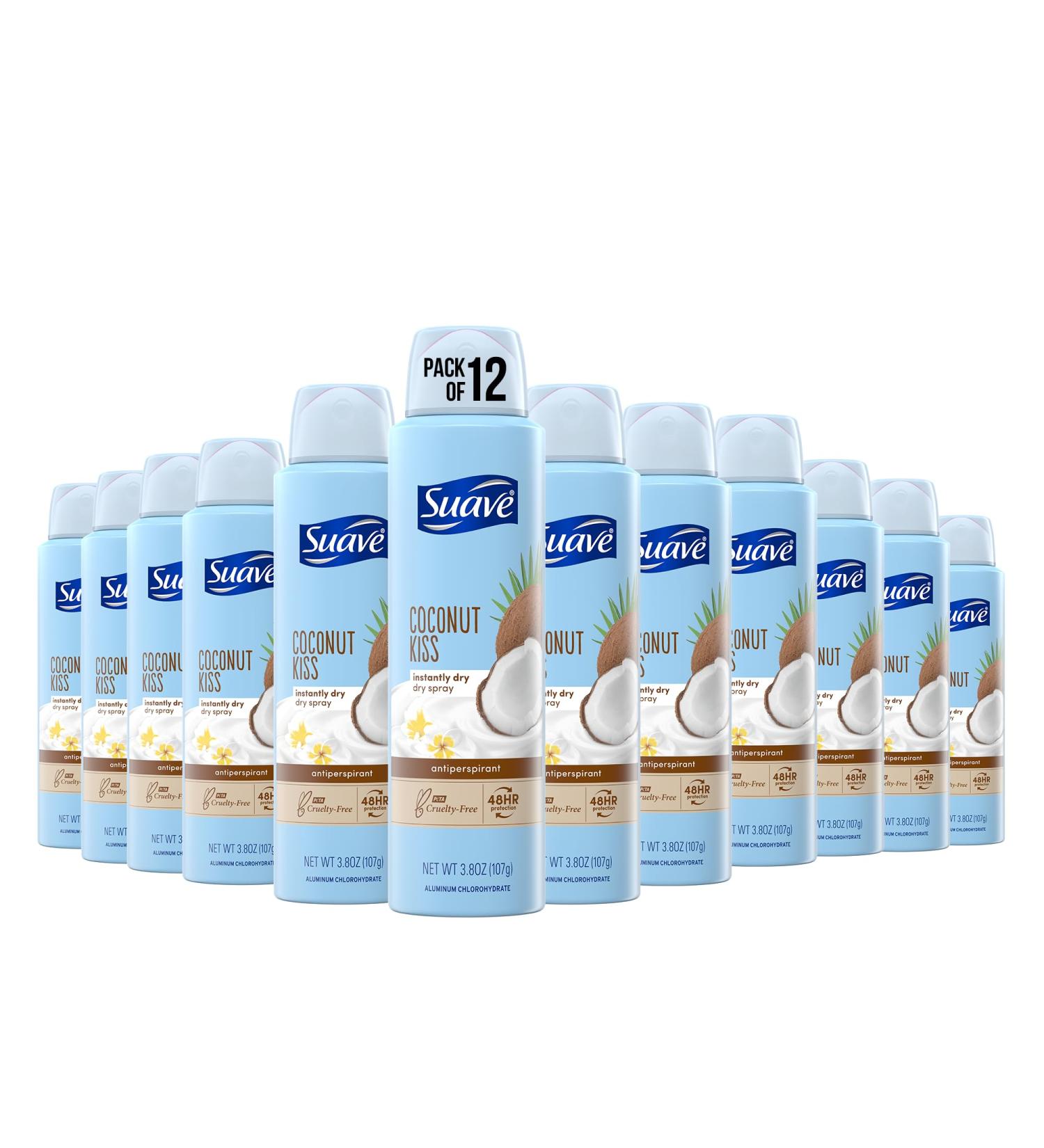 Suave Spray Deodorant Woman Coconut Kiss deodorant women spray Antiperspirant 48-Hour Odor & Wetness Protection 3.8 Oz (Pack 12)