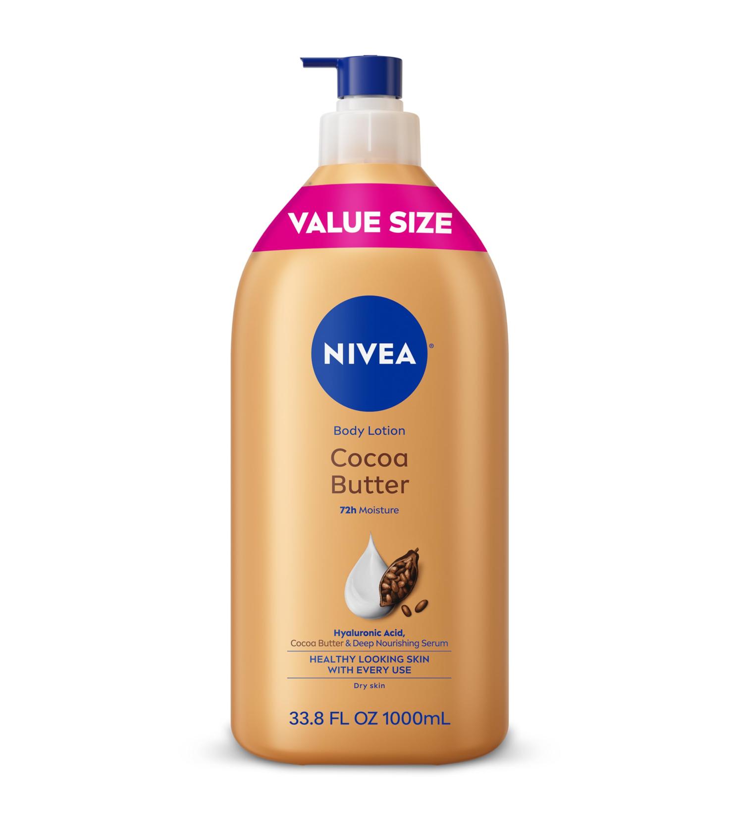NIVEA Cocoa Butter Body Lotion for Dry Skin with Hyaluronic Acid Cocoa Butter and Deep Nourishing Serum 72-Hour Body Moisturizer 33.8 Fl Oz Value Size Pump Bottle 33.8 Fl Oz (Pack of 1) 33.8 Fl Oz (Pack of 1) - Buy Online on GoSupps.com