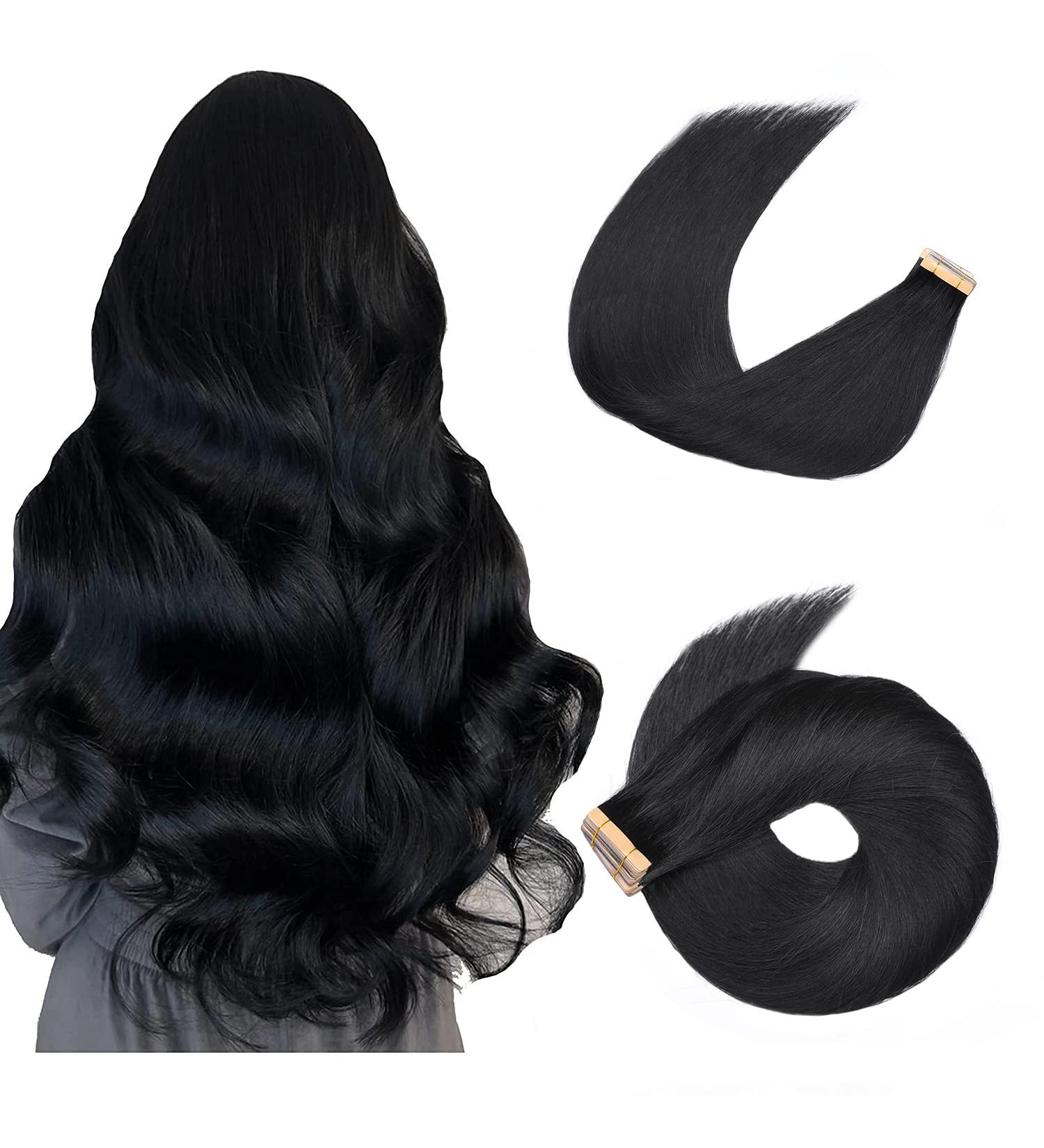 Hotlulana 100% Real Hair Tape Extensions - Deep Black 14 Inch (35cm) - 20PCs Invisible Remy Skin Weft - Buy Online on GoSupps.com