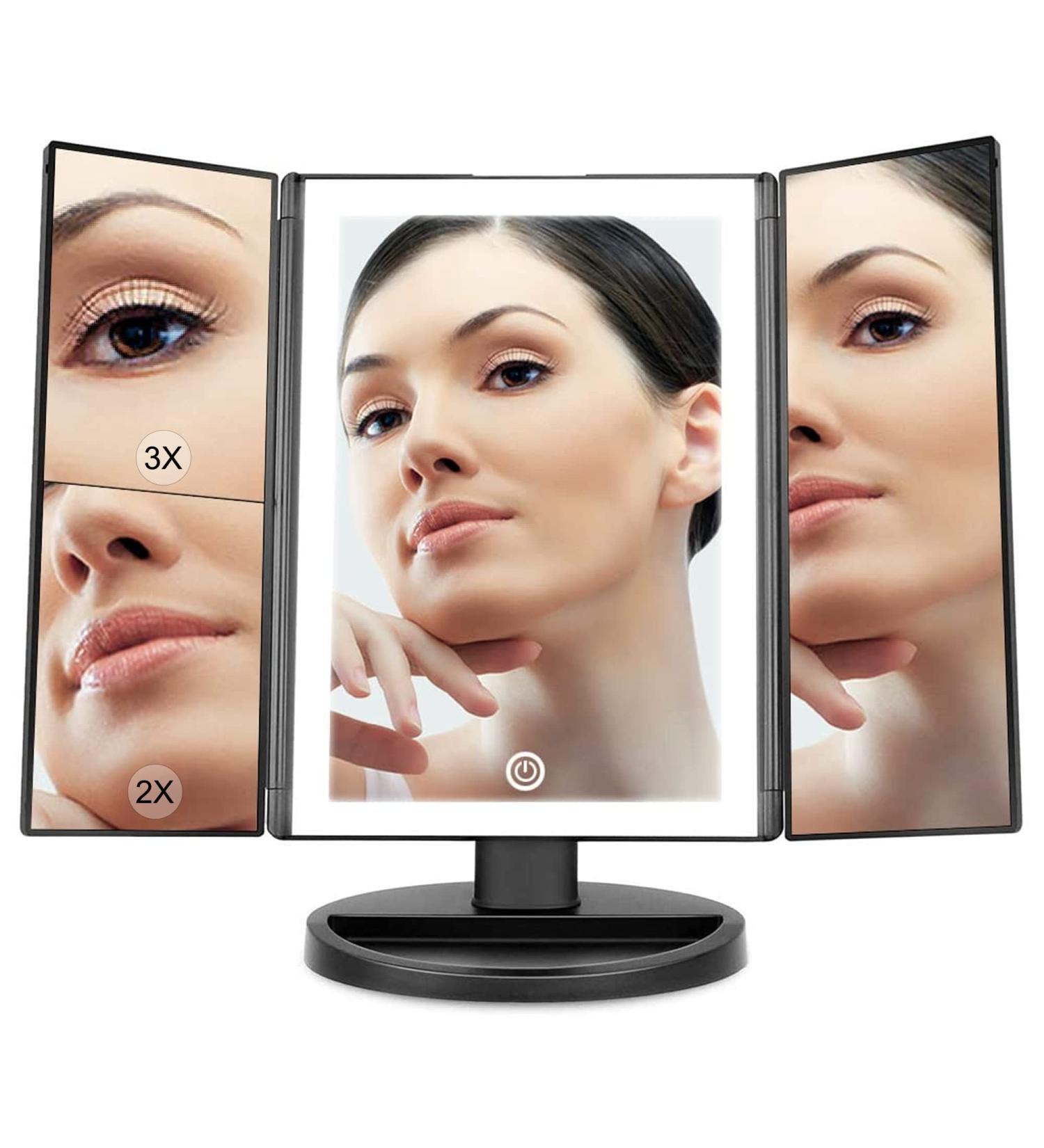 Beautyworks Backlit Makeup Vanity Mirror - 36 LED Lights, Touch-Screen Control, Tri-Fold, 1/2/3X Magnification, Portable HD Cosmetic Mirror (Midnight Black) - 3x Magnification - Buy Online on GoSupps.com