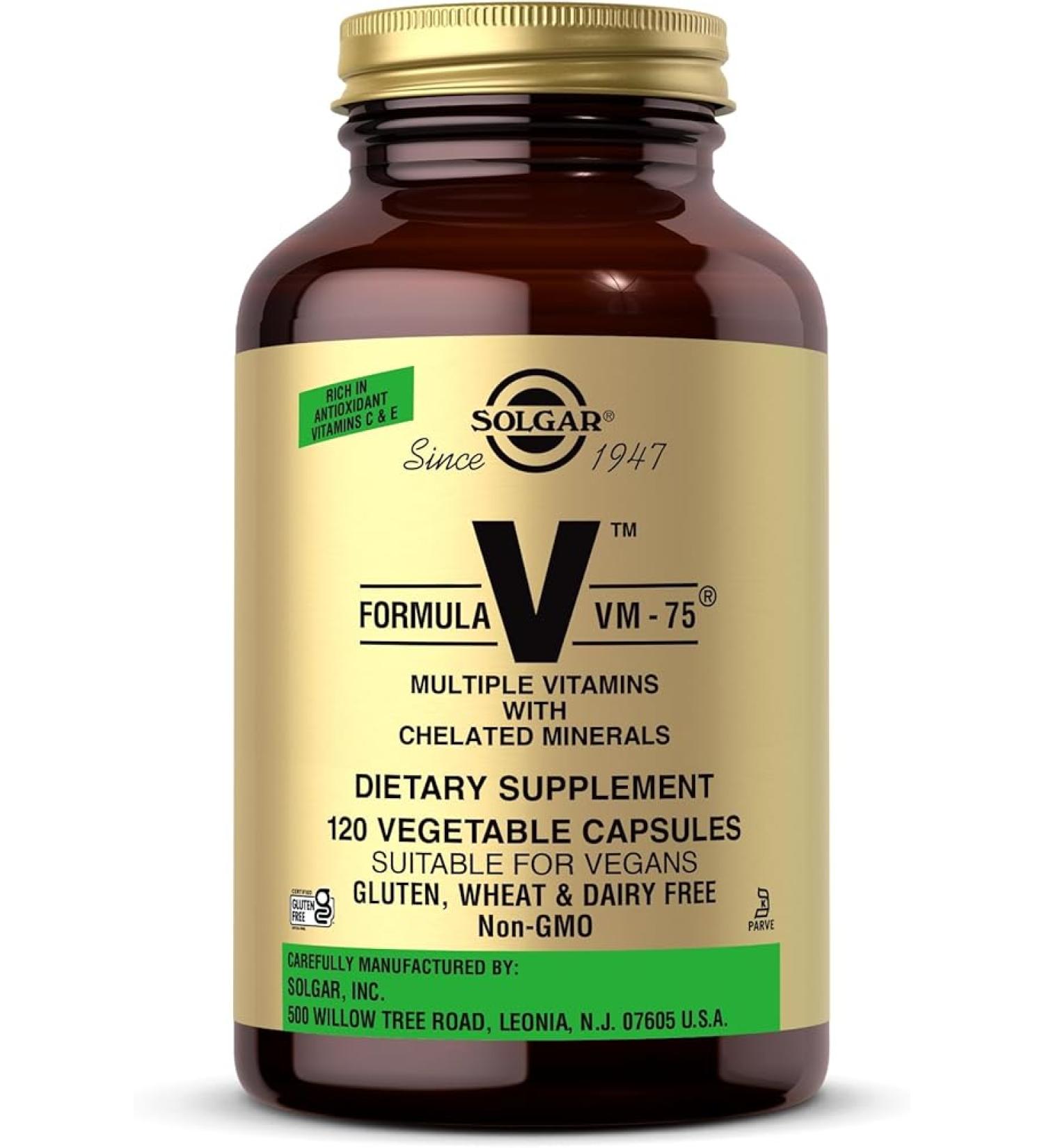 Solgar Formula VM-75 - 120 Vegetable Capsules - Vitamin A, B6, B12, C, D, E - Biotin, Magnesium, Calcium, Copper, Iron, Zinc, Folic Acid, Niacin - Non-GMO, Vegan, Gluten Free - 60 Servings - Buy Online on GoSupps.com