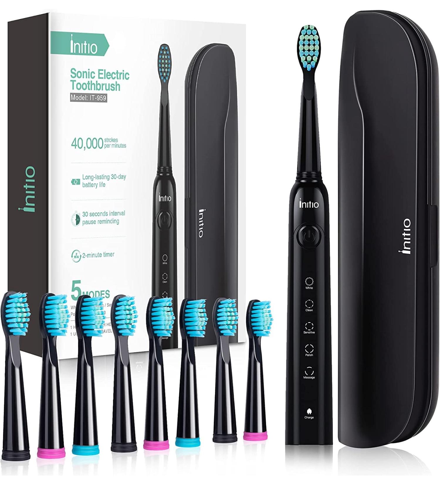 Initio Sonic Electric Toothbrush - 5 Cleaning Programs - Travel Case & 8 Replacement Heads - Rechargeable & Waterproof - Smart Timer - Gloss Black - Buy Online on GoSupps.com