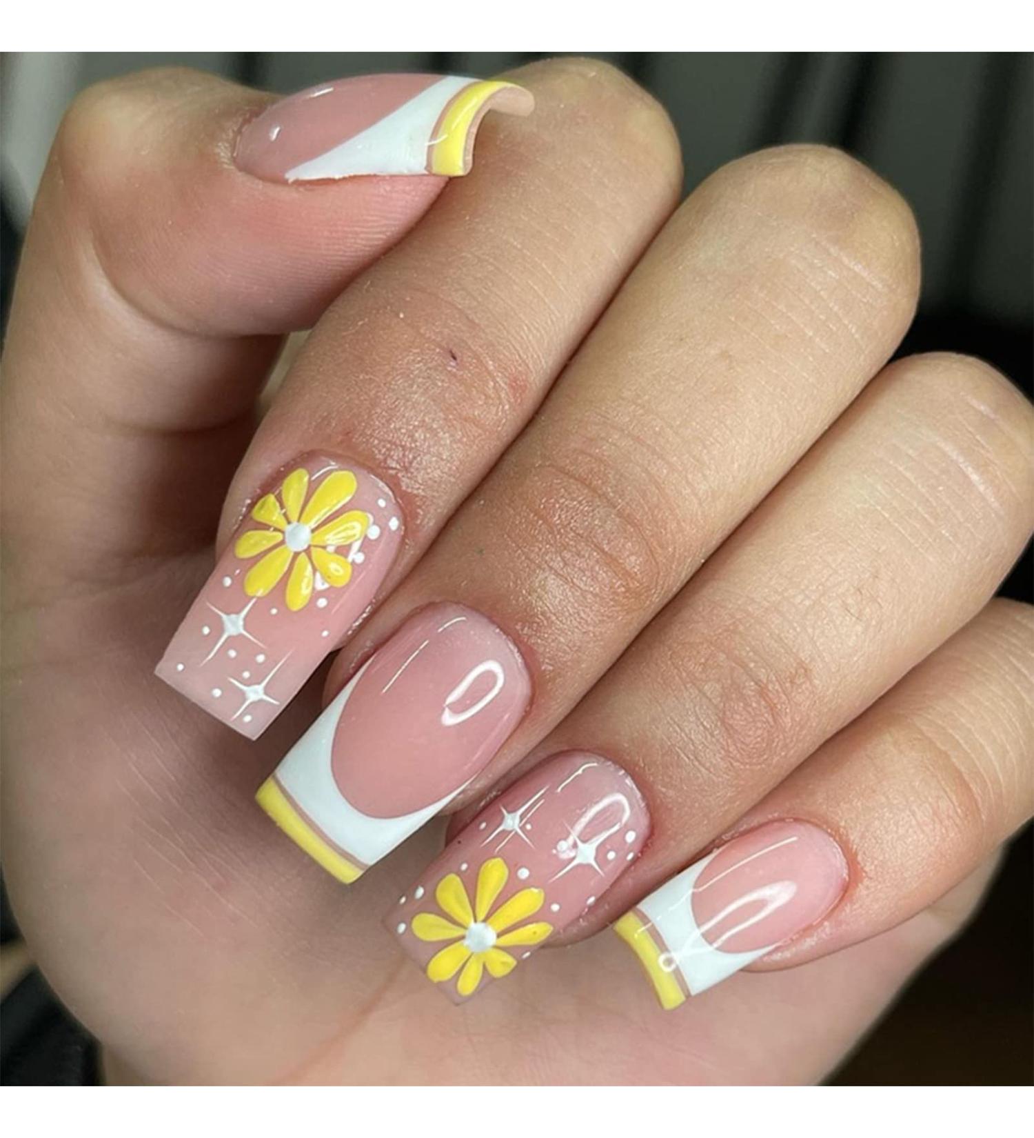 24pcs Short French False Nails - Almond Square Press on Nails - Yellow Summer | Full Cover Acrylic False Nails with Glue - French Fake Nails for Women and Girls | Nail Art - Buy Online on GoSupps.com