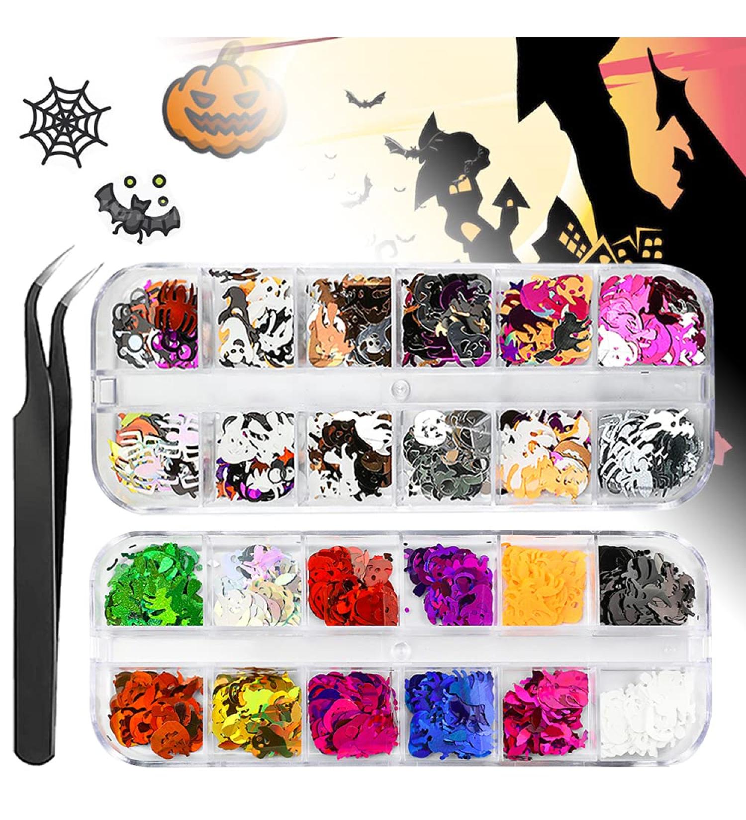 Halloween Nail Glitter Sequins Kit CHANGAR 3D Holographic Halloween Pumpkin Witch Ghost Broomstick Mummy Skull Shape Laser Nail Glitter Flakes for Nail Art Halloween Party Supplies with 1 Pc Tweezers - Buy Online on GoSupps.com