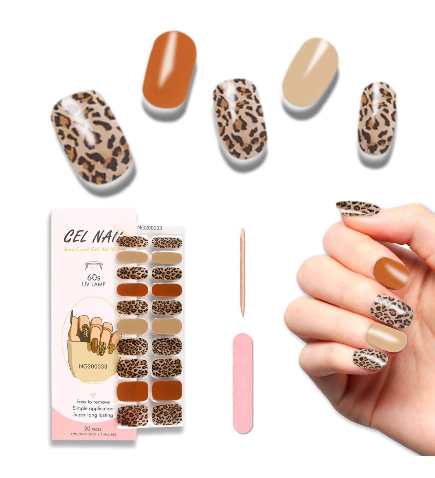 Semi Cured Gel Nail Strips 20 Pcs - Brown Leopard | Salon-Quality Manicure Set | Long Lasting & Easy to Apply/Remove | Includes Nail File & Wooden Cuticle Stick - Buy Online on GoSupps.com